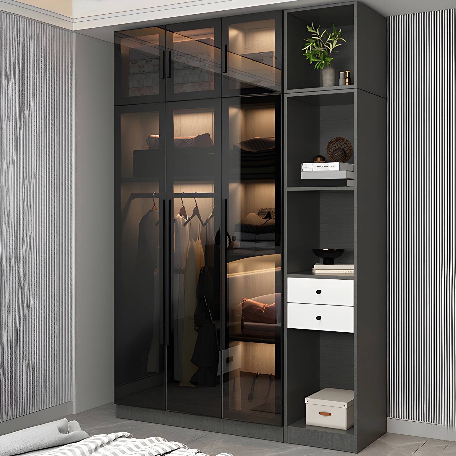 Black Glass Wardrobe Armoire Modern Style Wardrobe for Bedroom