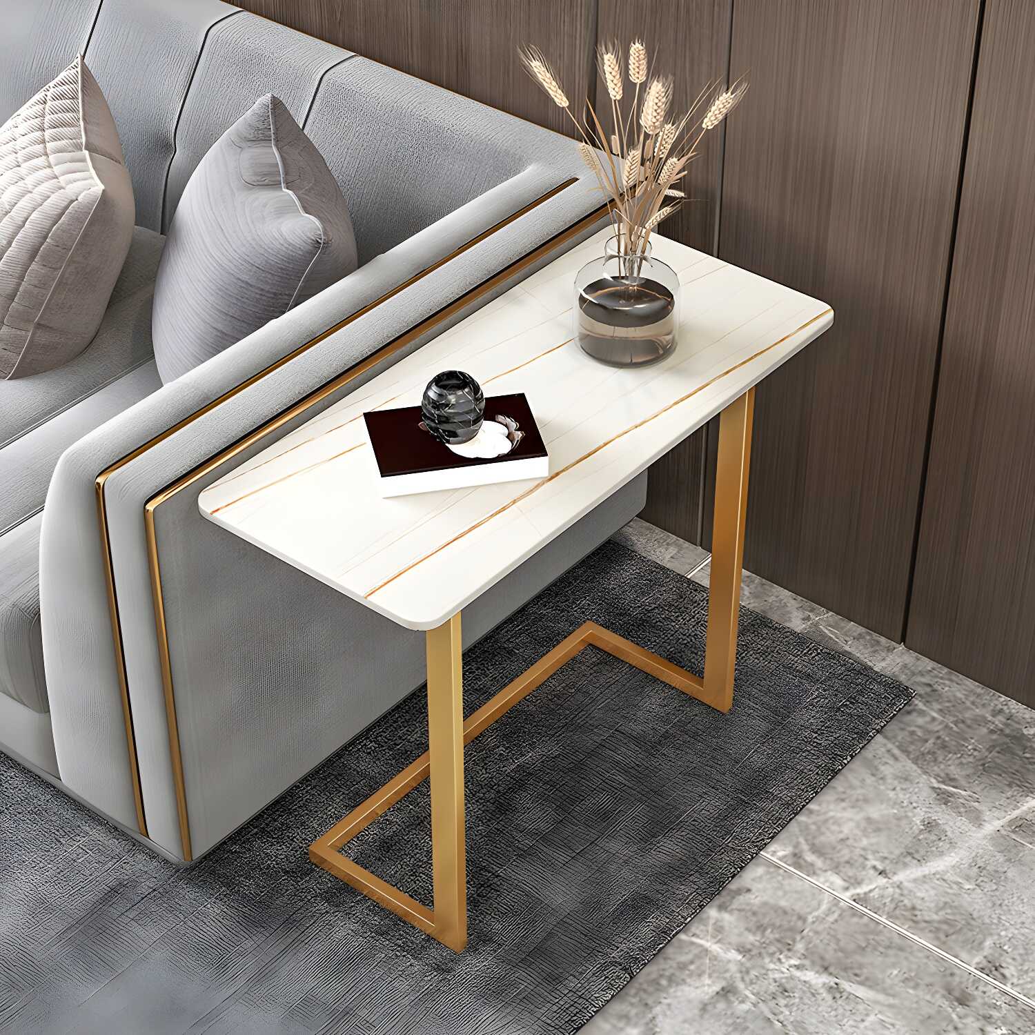 Modern 22"H x 26"W x 11"D Rectangle Slate Top End Table Iron C Side Table