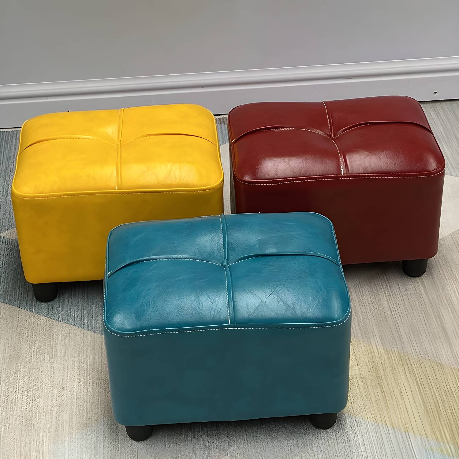 Contemporary Pouf Rectangle Plain Faux Leather Tufted Water Resistant Pouf Ottoman