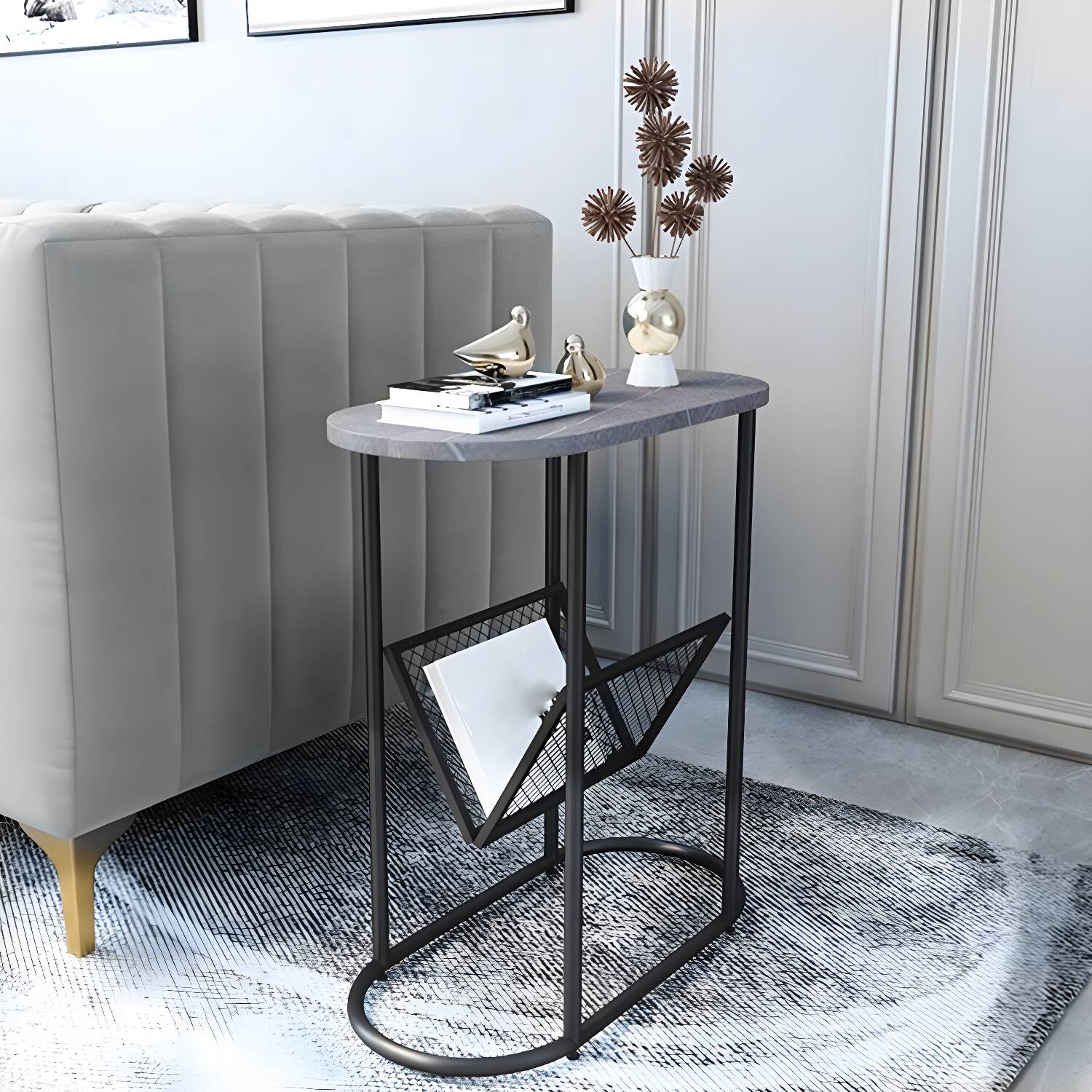 Modern Oval Slate Top Side Table 21.6" Tall Iron Frame End Table with Magazine Holder