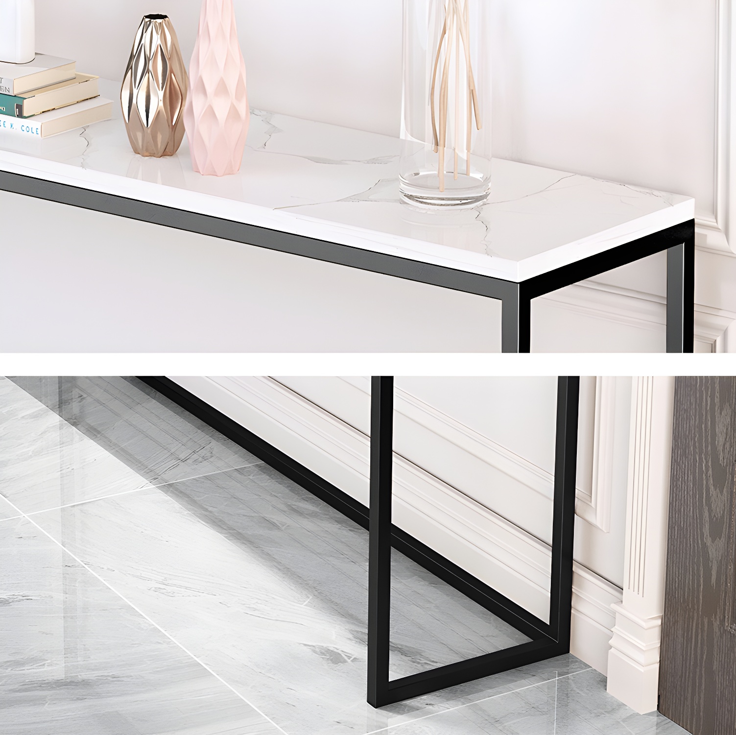 Scratch Resistant Marble Top Console Table with Black Steel Trestle Base