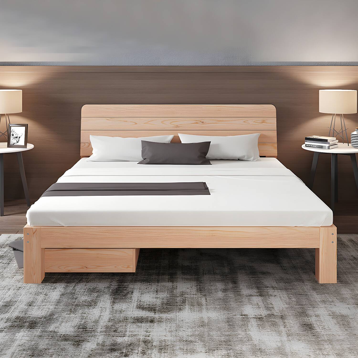 Scandinavian Solid Wood Panel Bed with Rectangular Headboard