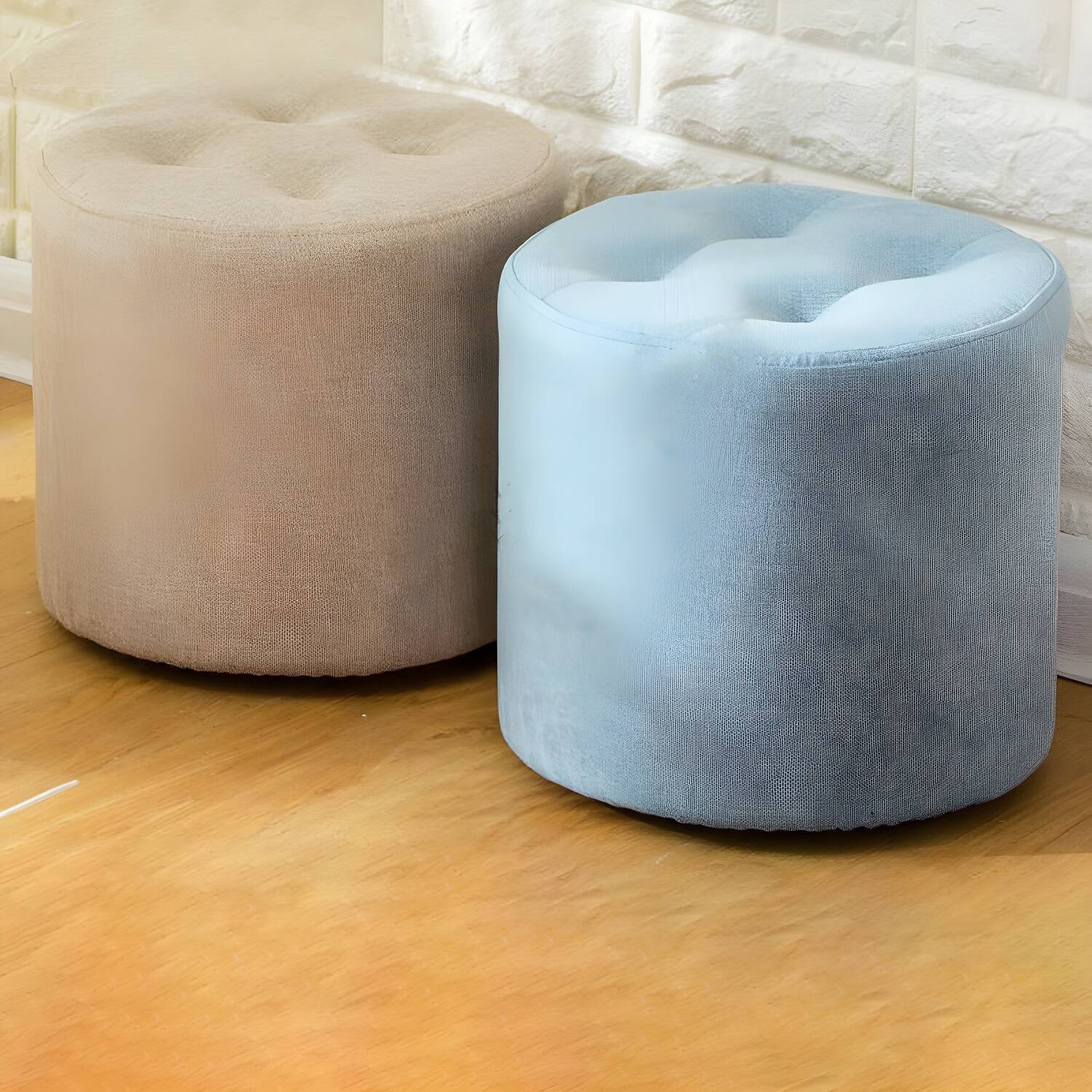 Contemporary Pouf Ottoman Fabric Upholstered Tufted Solid Colour Cylinder Shape Ottoman