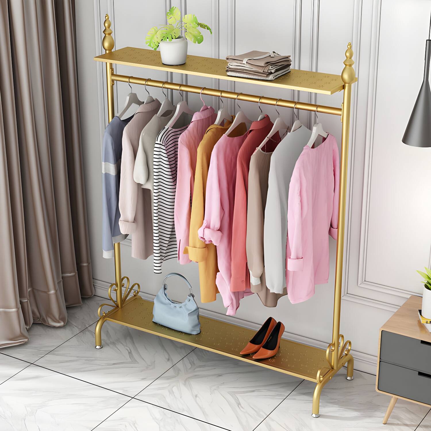 Industrial Metallic Coat Hanger Free Standing Double Shelves Coat Rack for Living Room