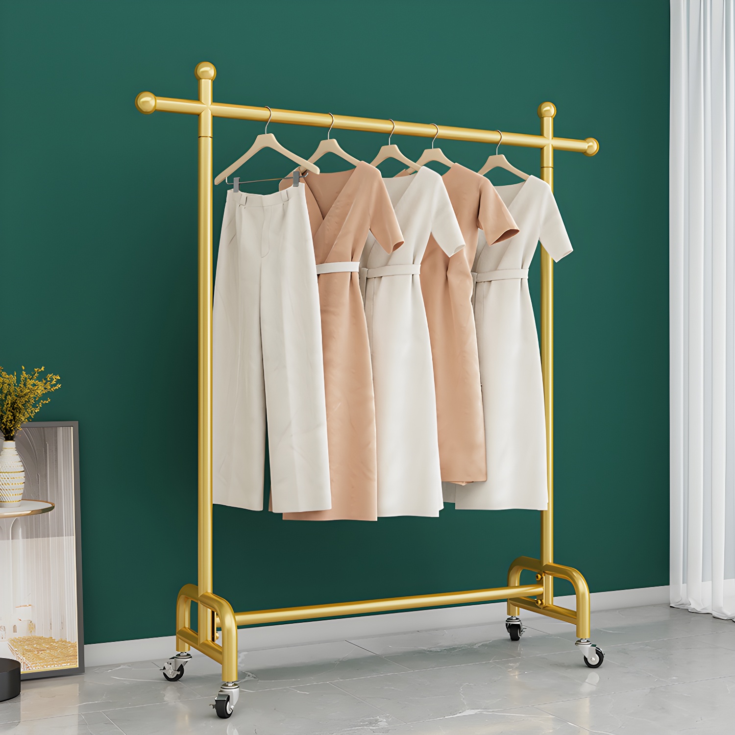Glam Coat Rack Metal Framed Hanging Rail and Hooks Hall Stand with Castors