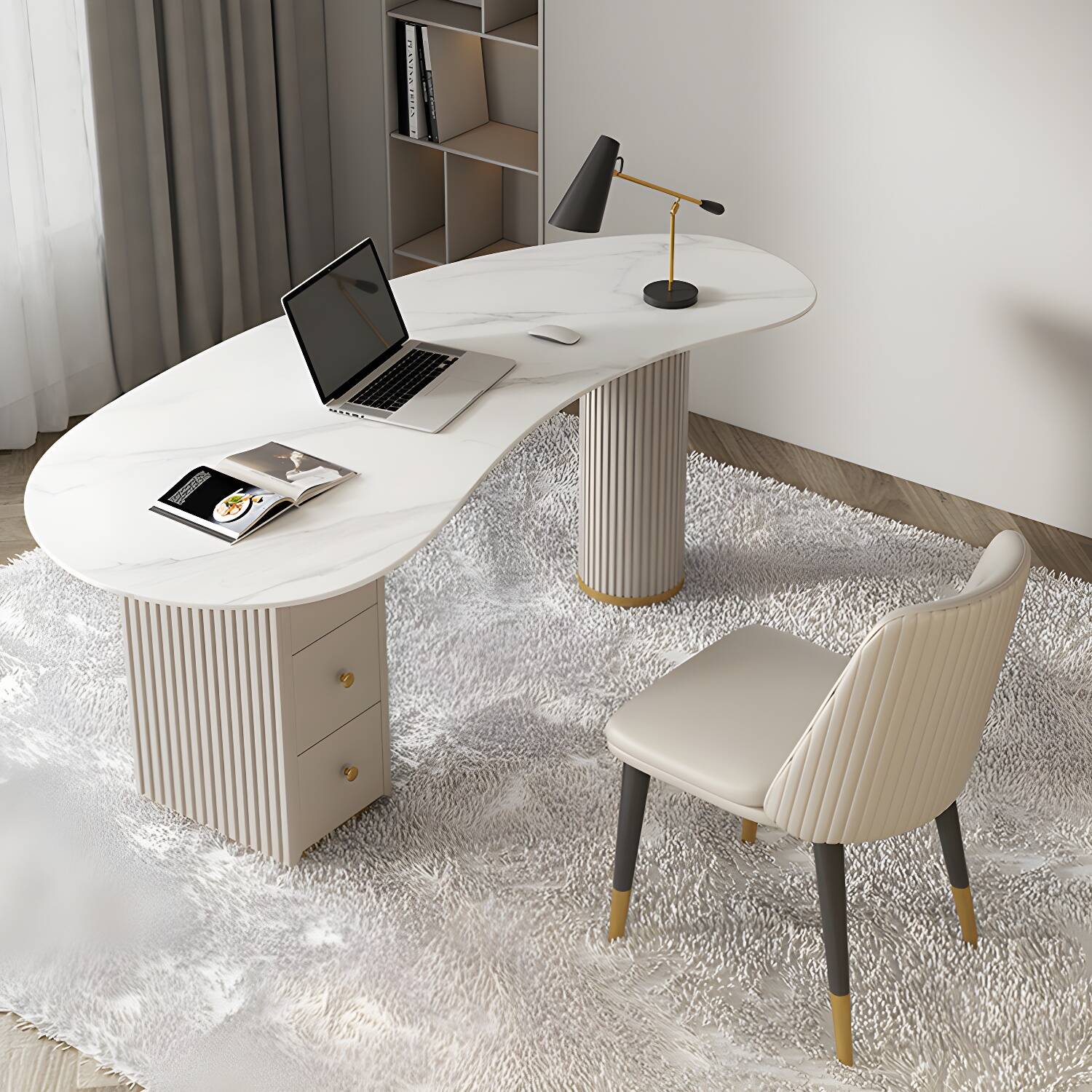 3-drawer Irregular Shape Office Desk Sintered Stone Writing Desk with Leather Legs