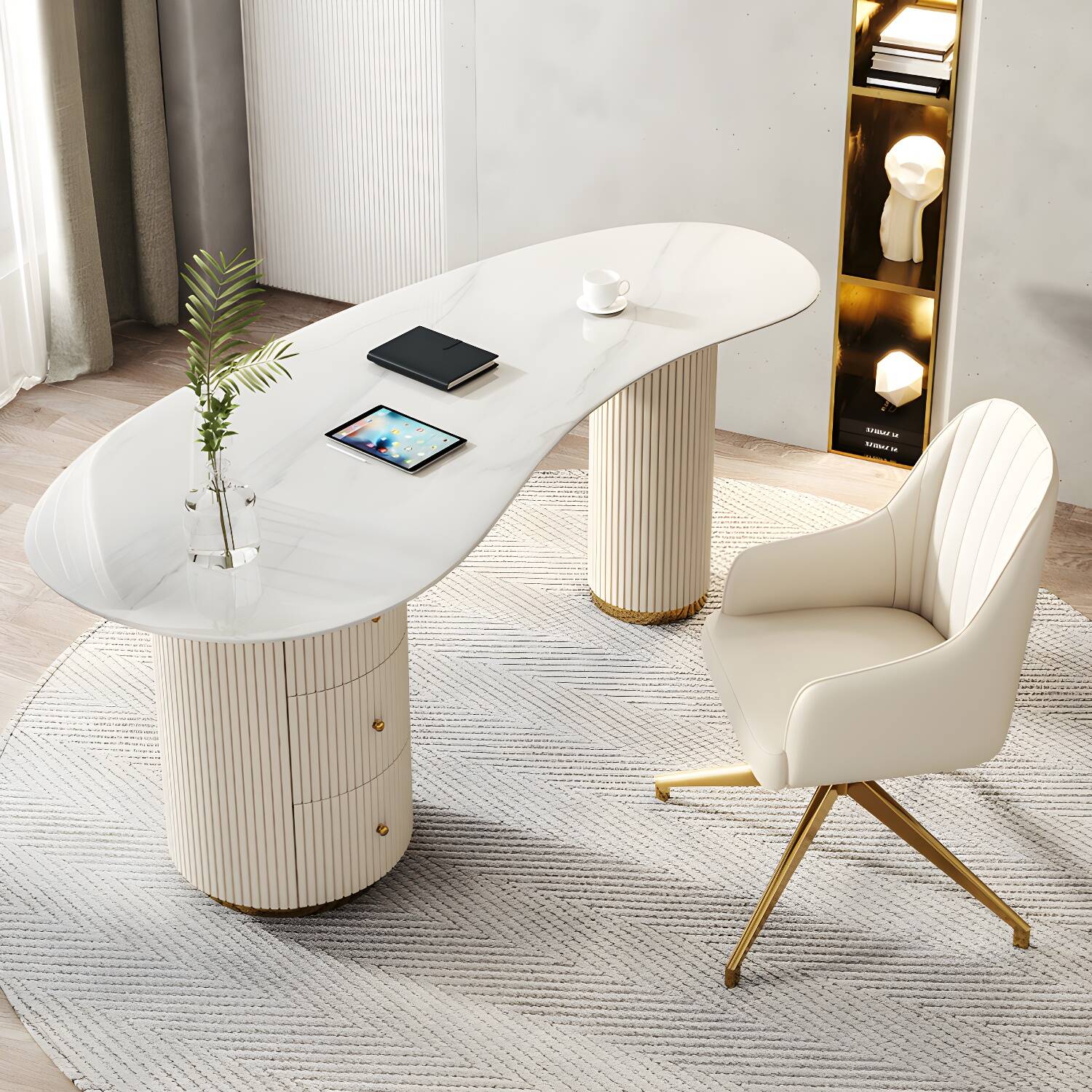 Glam White Office Desk 3-drawer Unconventional Shape Writing Desk for Office