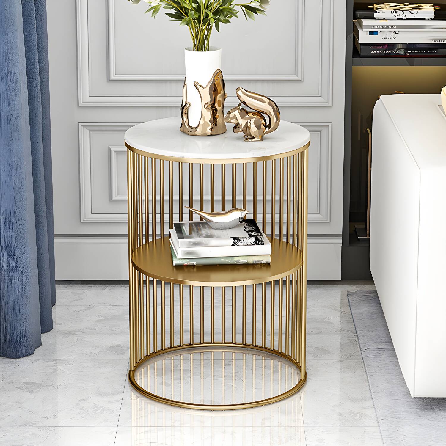 Drum Round End Table Mid-Century Side End Table with Storage