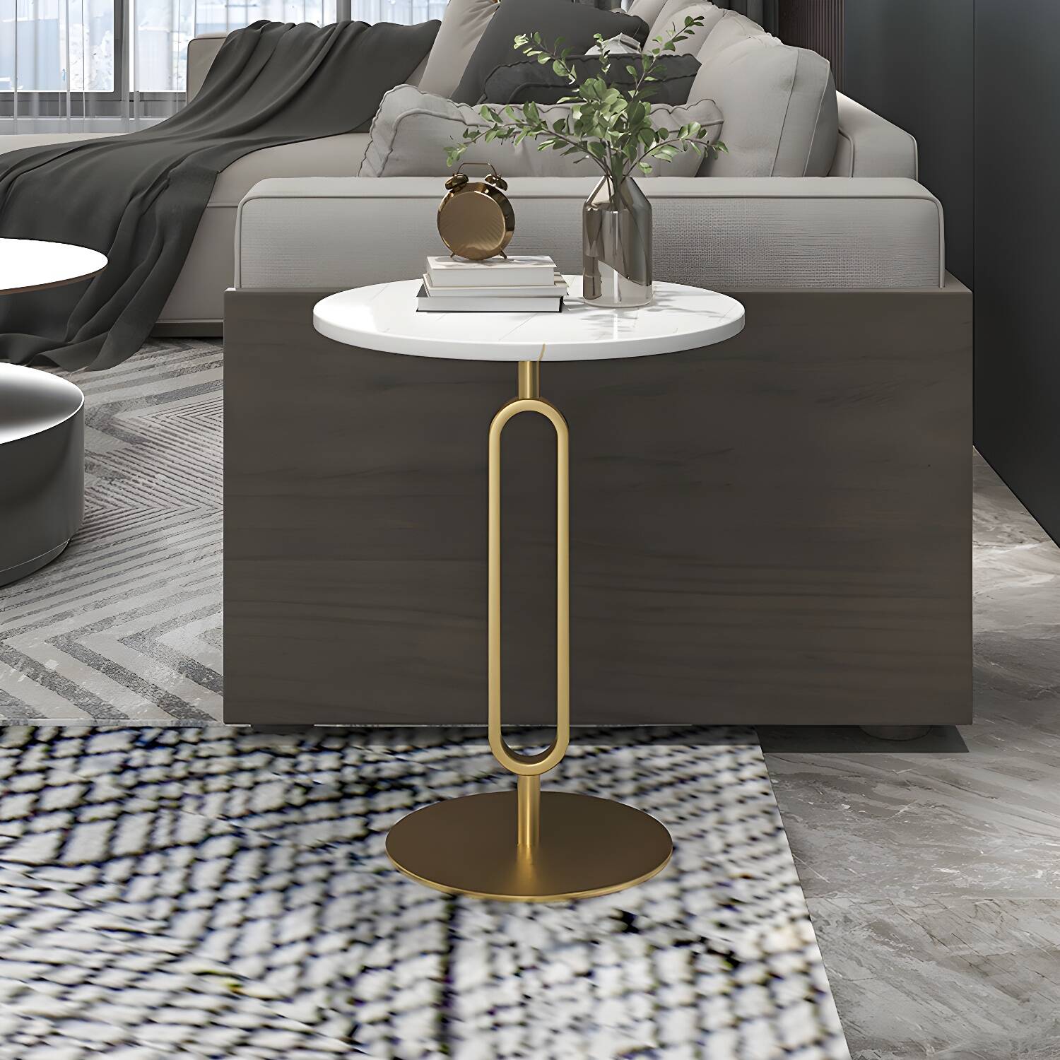 Minimalist Round Corner Table Slate Pedestal Sofa Side Table