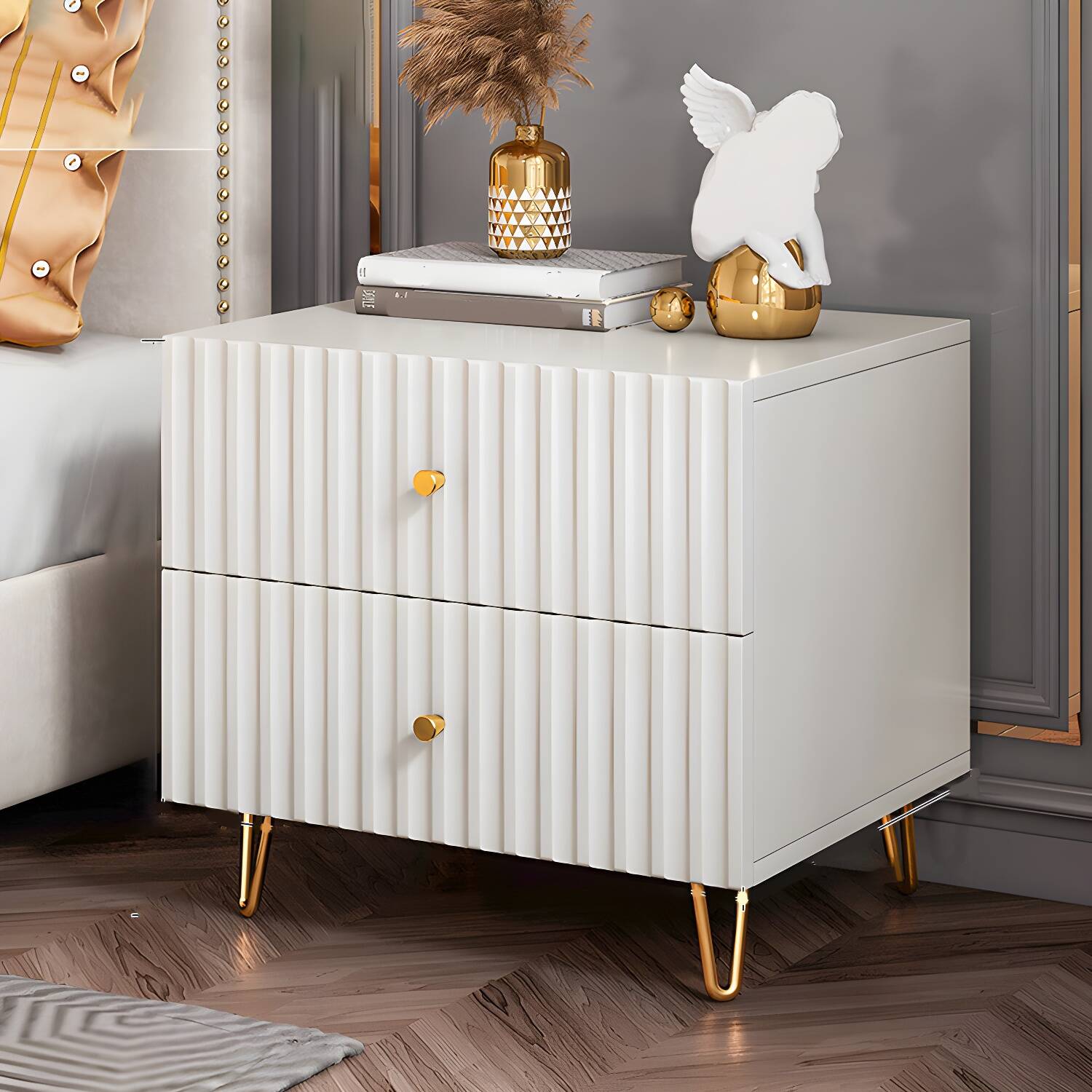 Drawer Storage Bed Nightstand Beige Legs Included Night Table Glam