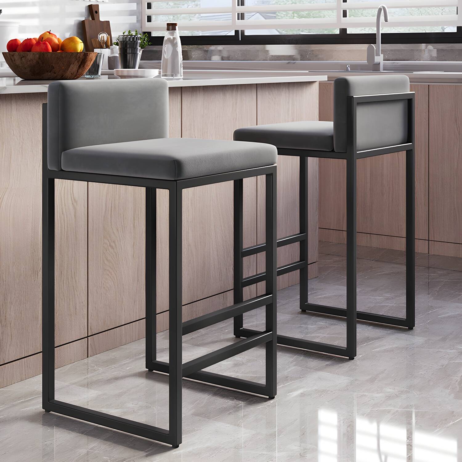 Modern Armless Backrest Counter Stool Steel Cafe Bar Stool with Velvet Cushion and Pedal
