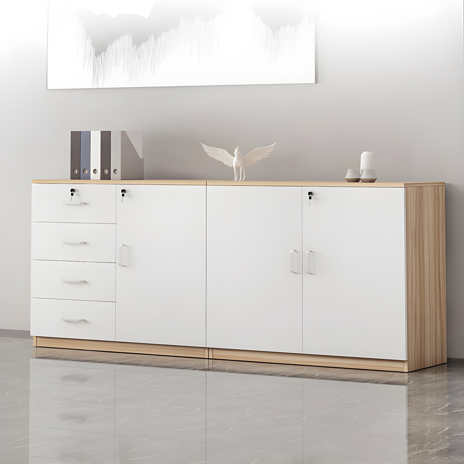 Modern Cabinet Wood Lateral Adjustable Storage Shelves and Locking Drawers File Cabinet