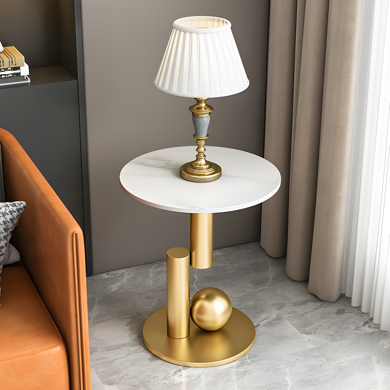 Modern Round Slate Top Side Table 21.65" Tall Iron Abstract Base End Table