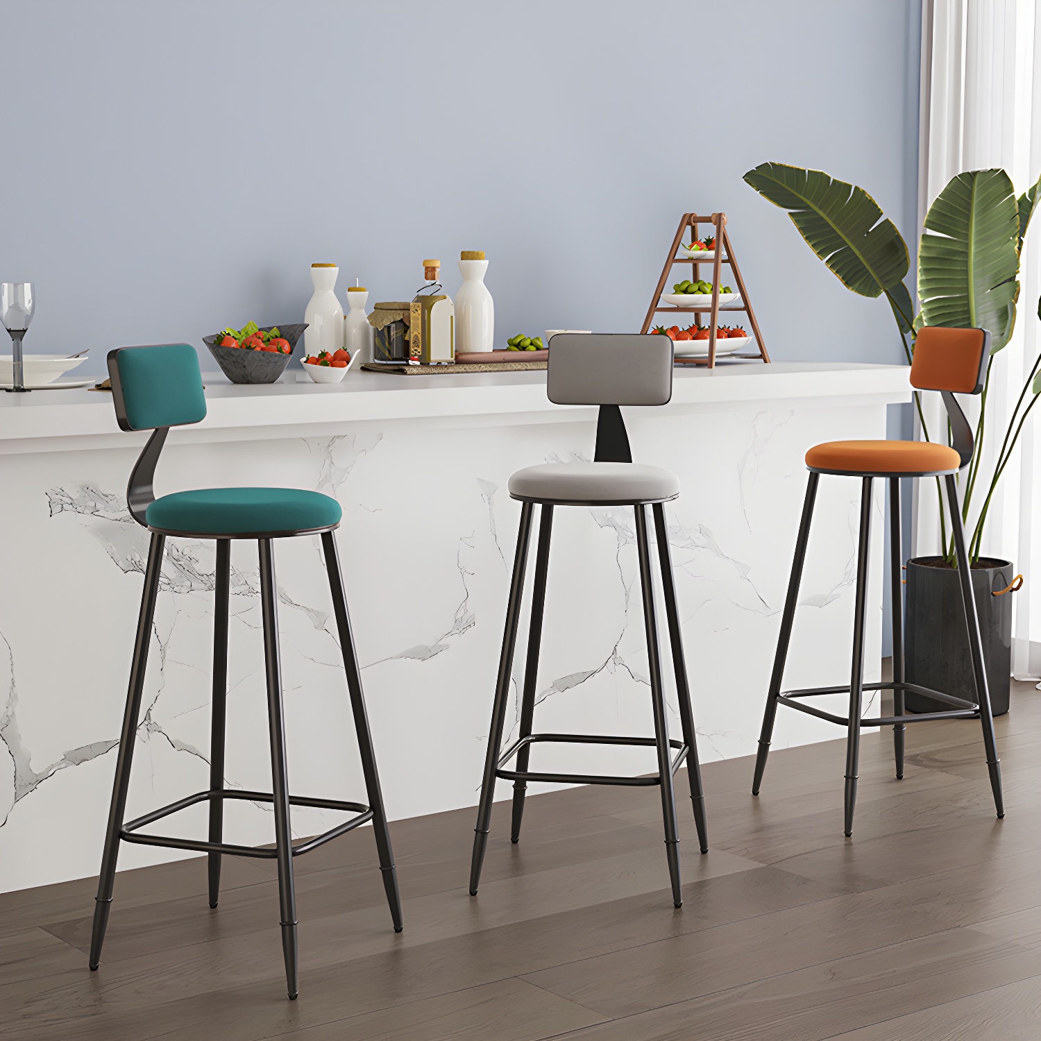 Modern Armless Backrest Counter Stool Steel Kitchen Bar Stool with Cushion and Pedal