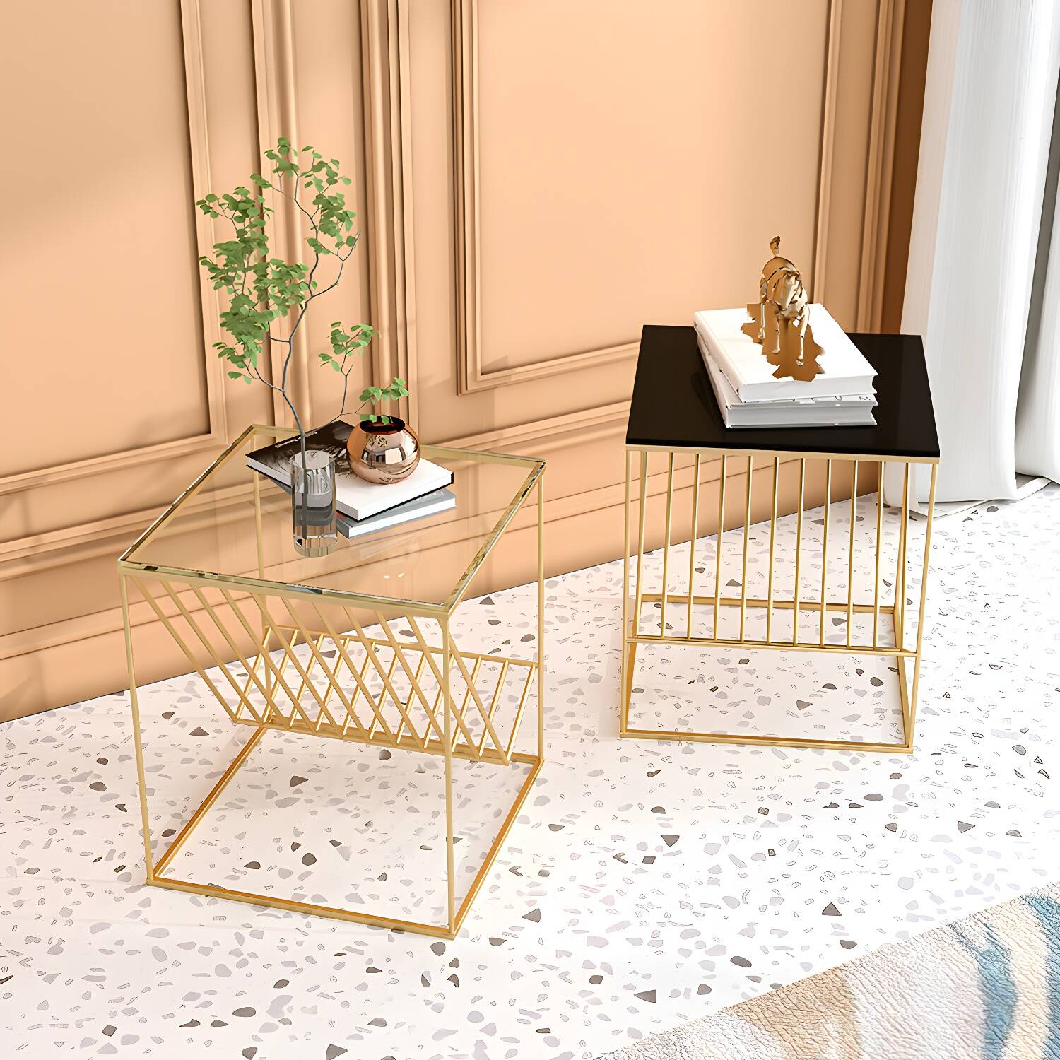 Modern Accent Table Nightstand Glass Night Table with Shelves ,19.7" Tall