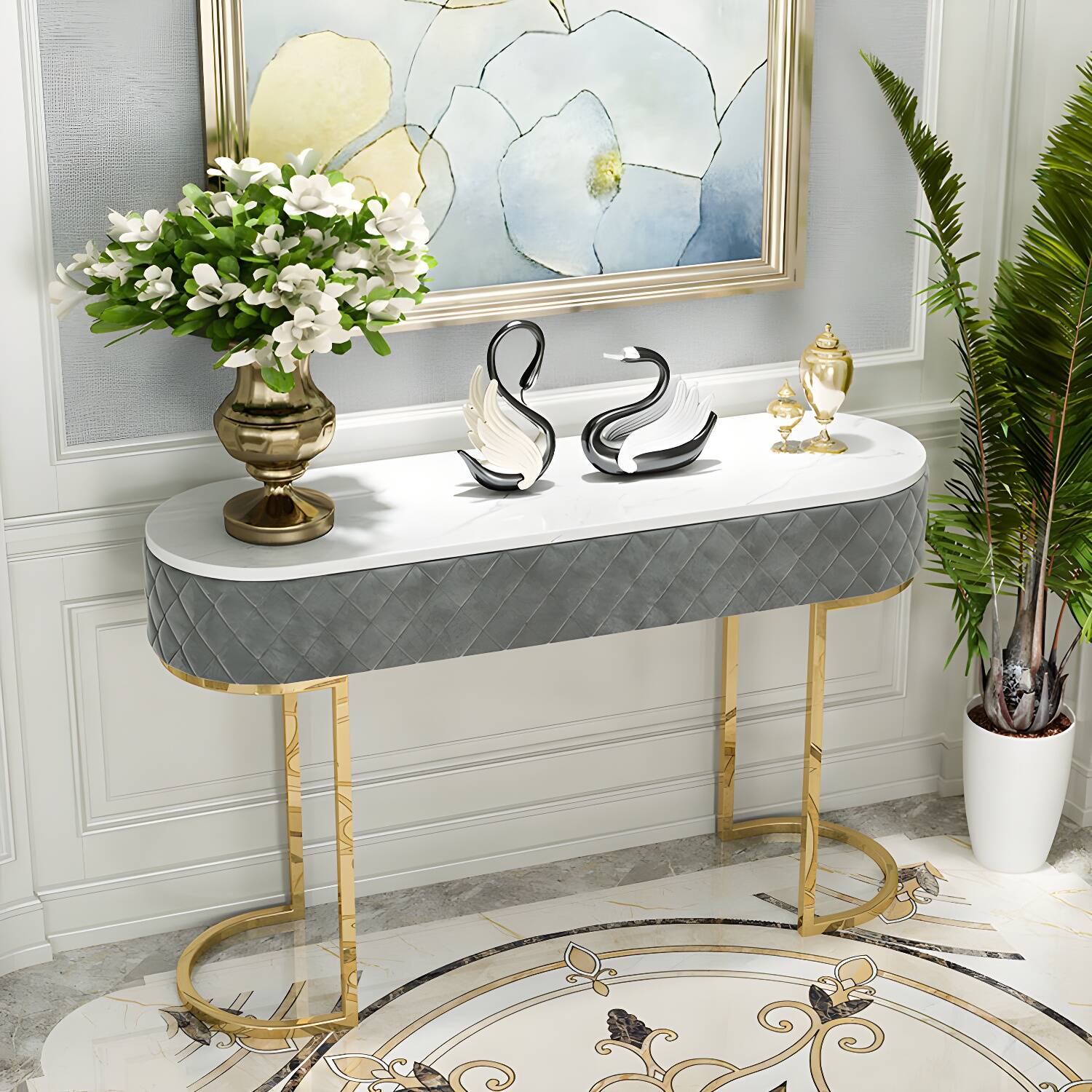 Sled Glam Marble Console Table 14" W Oval Console Accent Table for Hall