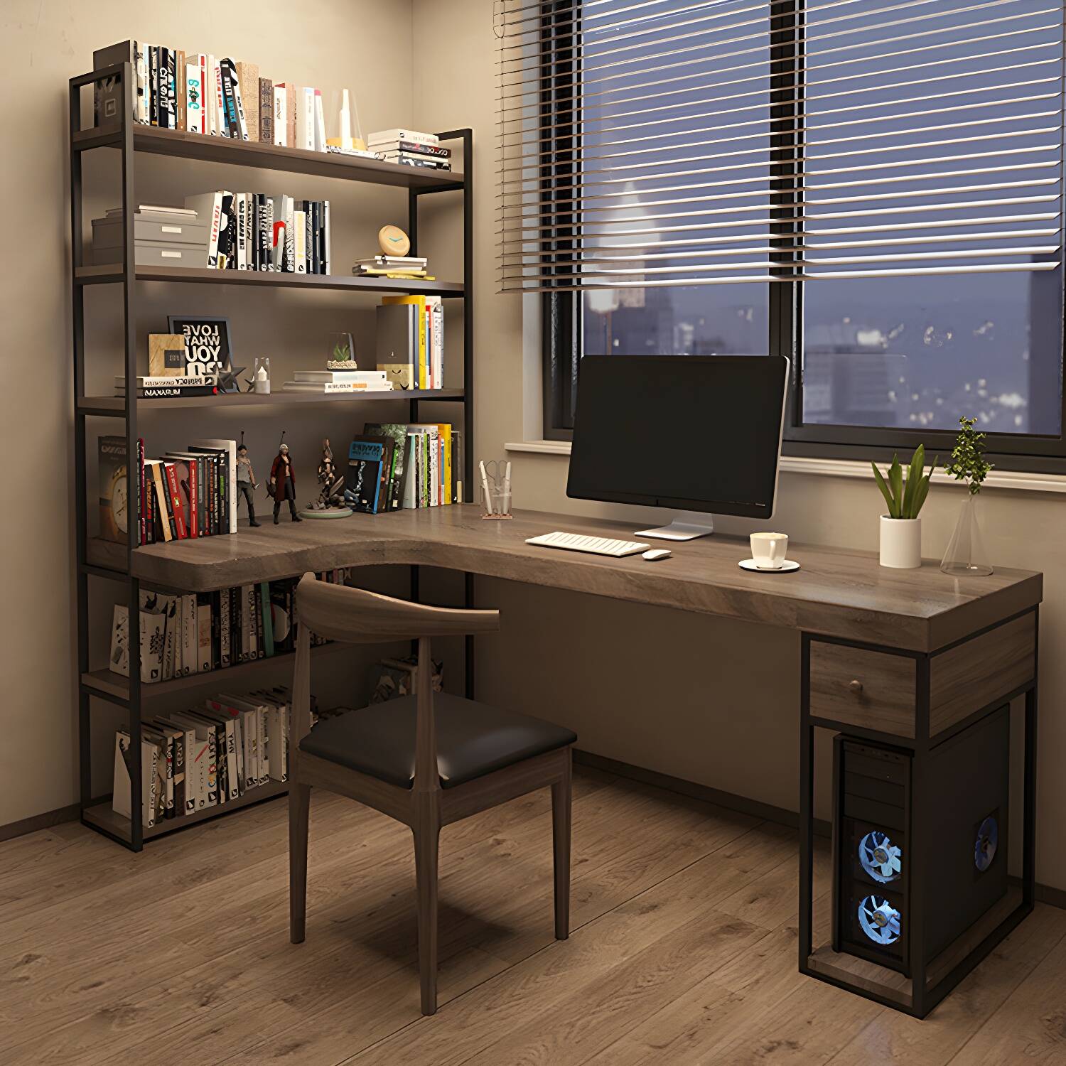 Industrial L-Shape Computer Desk Office Pedestal Writing Desk with Bookshelf
