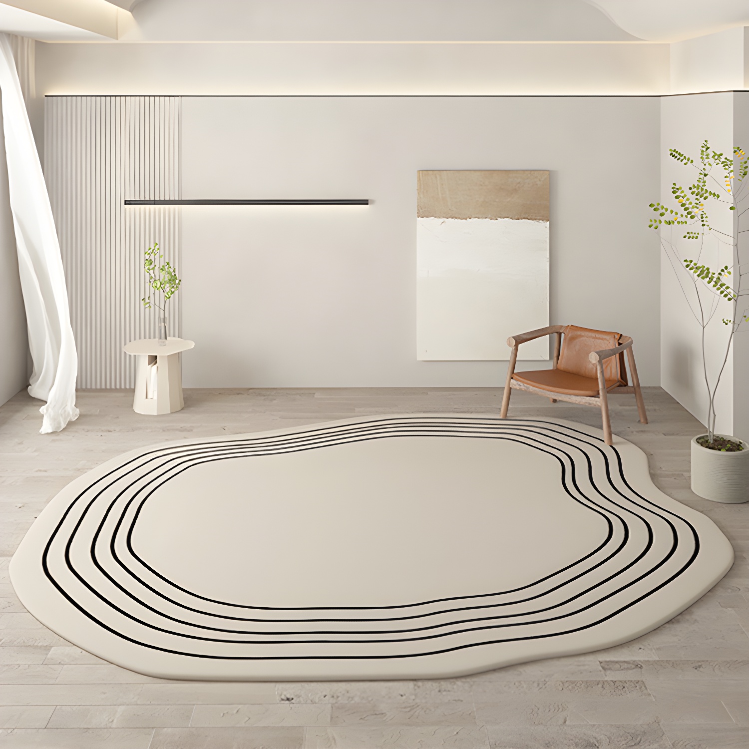 Beige Modern Rug Polyester Irregularity Line Rug Washable Rug for Drawing Room
