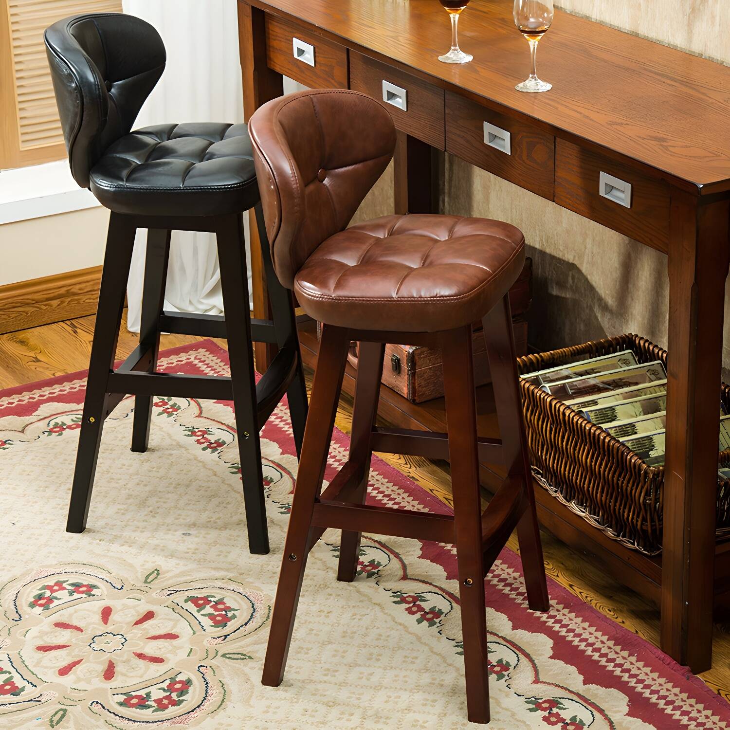 Industrial Armless Backrest Counter Stool Wood Cafe Bar Stool with Leather Cushion