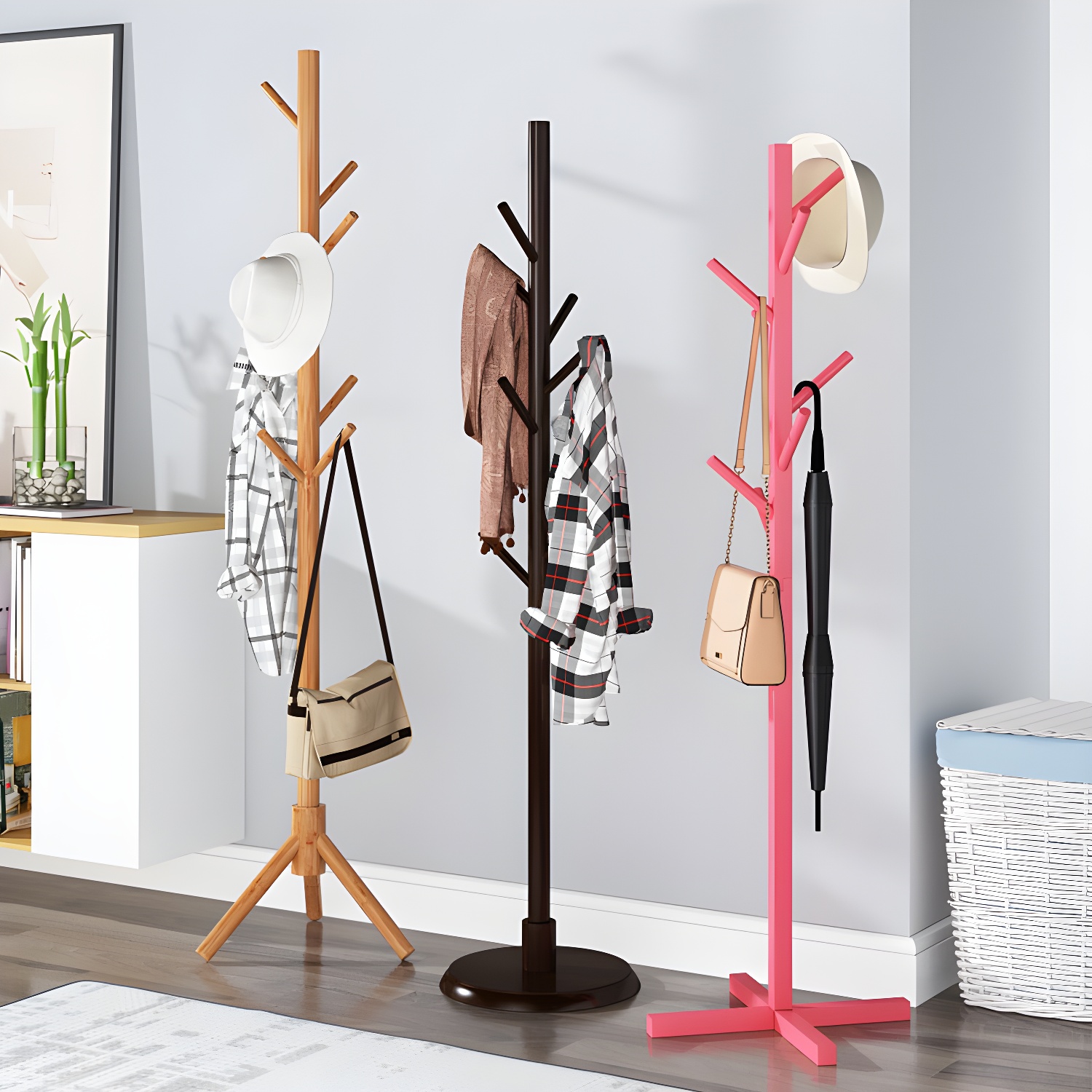 Modern Coat Hangers Free Standing Wooden Coat Rack with Coat Hooks