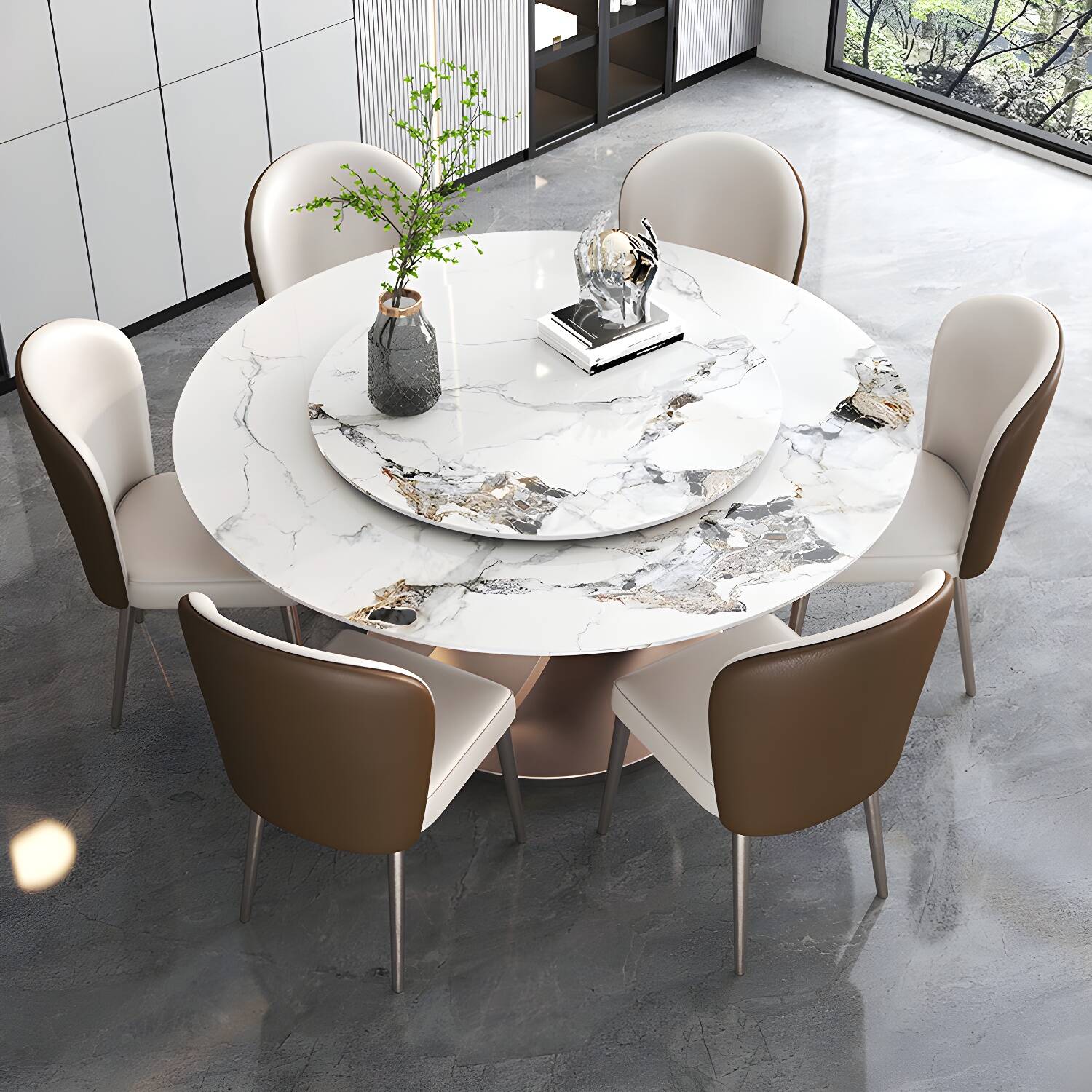 Modern Round Dining Table Stone Dining Table with Stainless Steel Pedestal Base