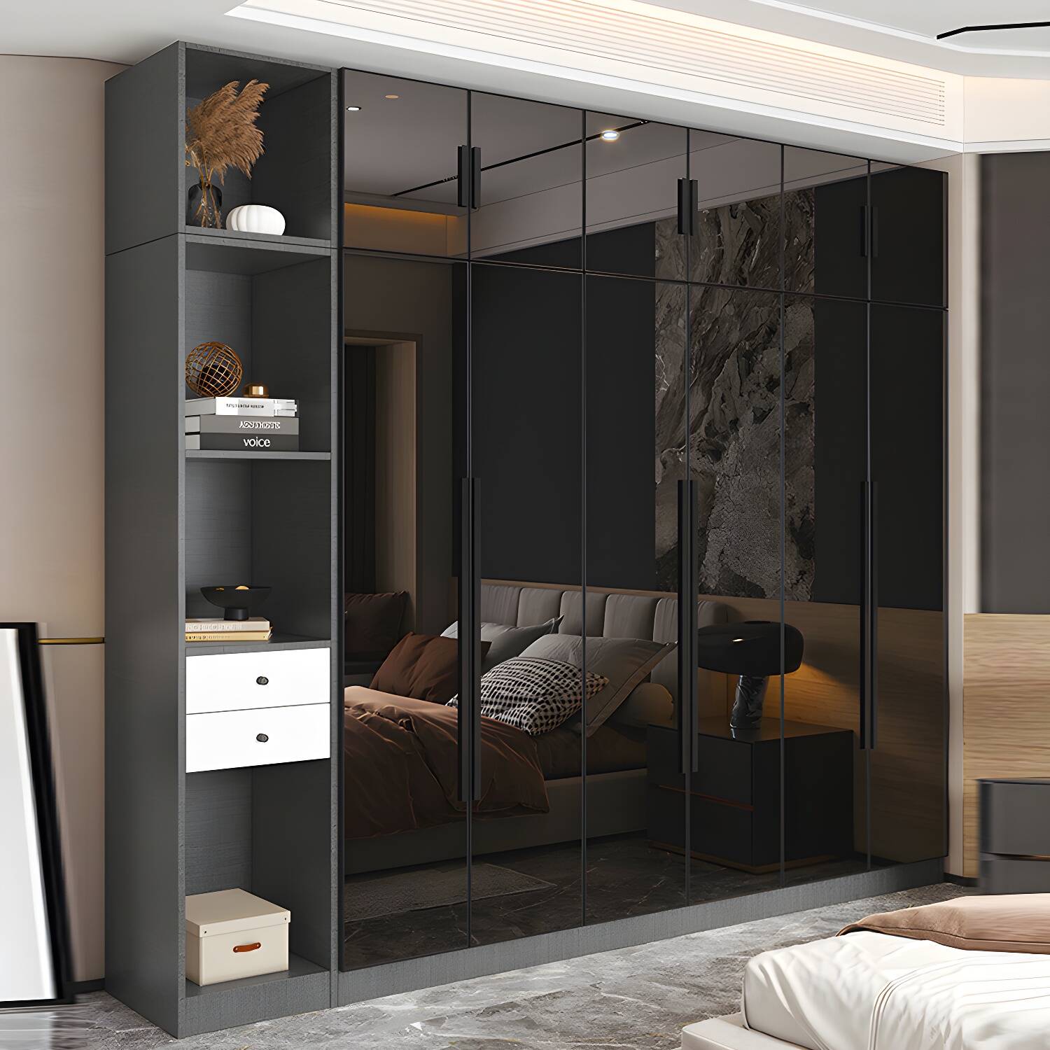 Black Colour Glass Wardrobe Soft Close Door Wardrobe Closet for Home