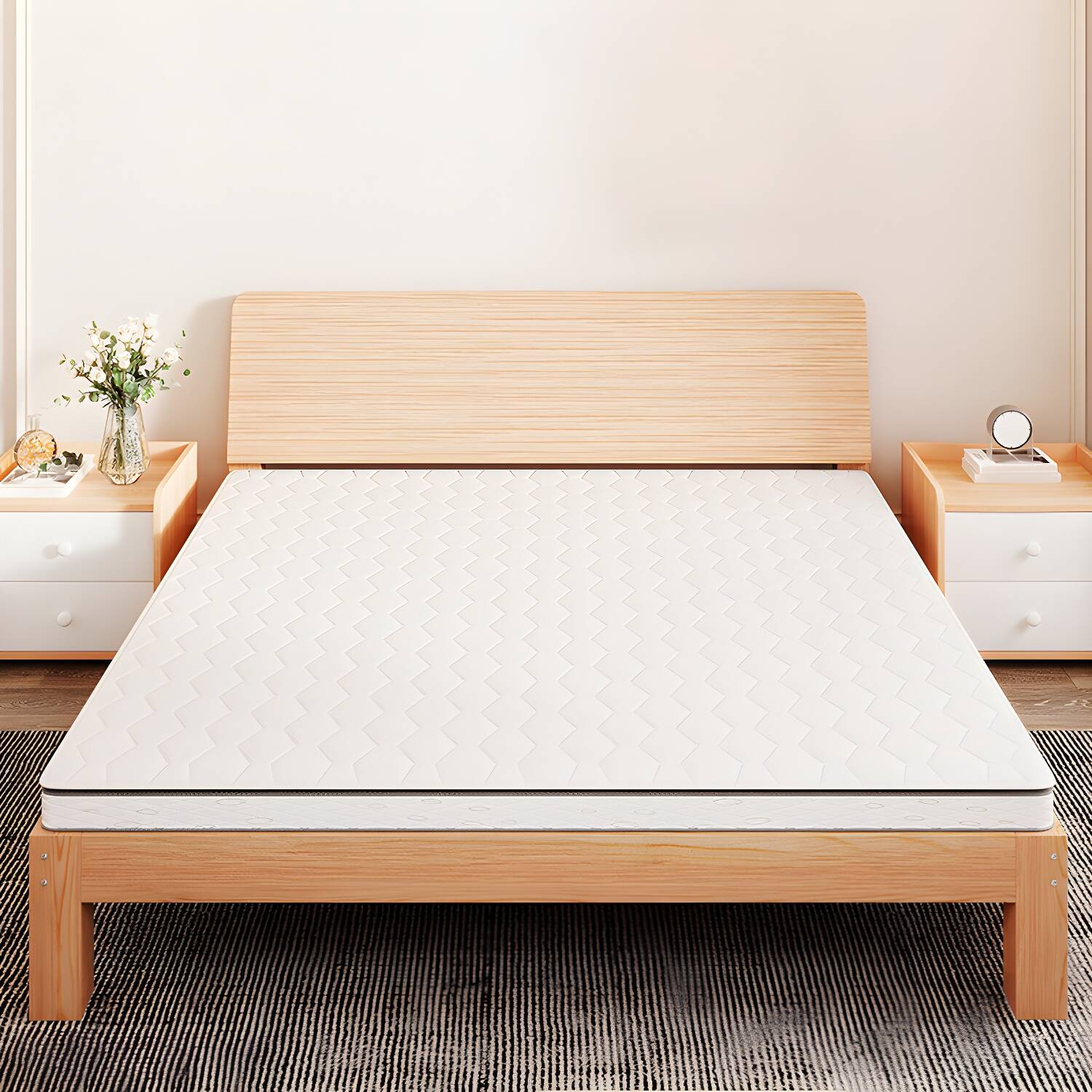 Natural Platform Bed Solid Wood Standard Bed with Rectangular Headboard