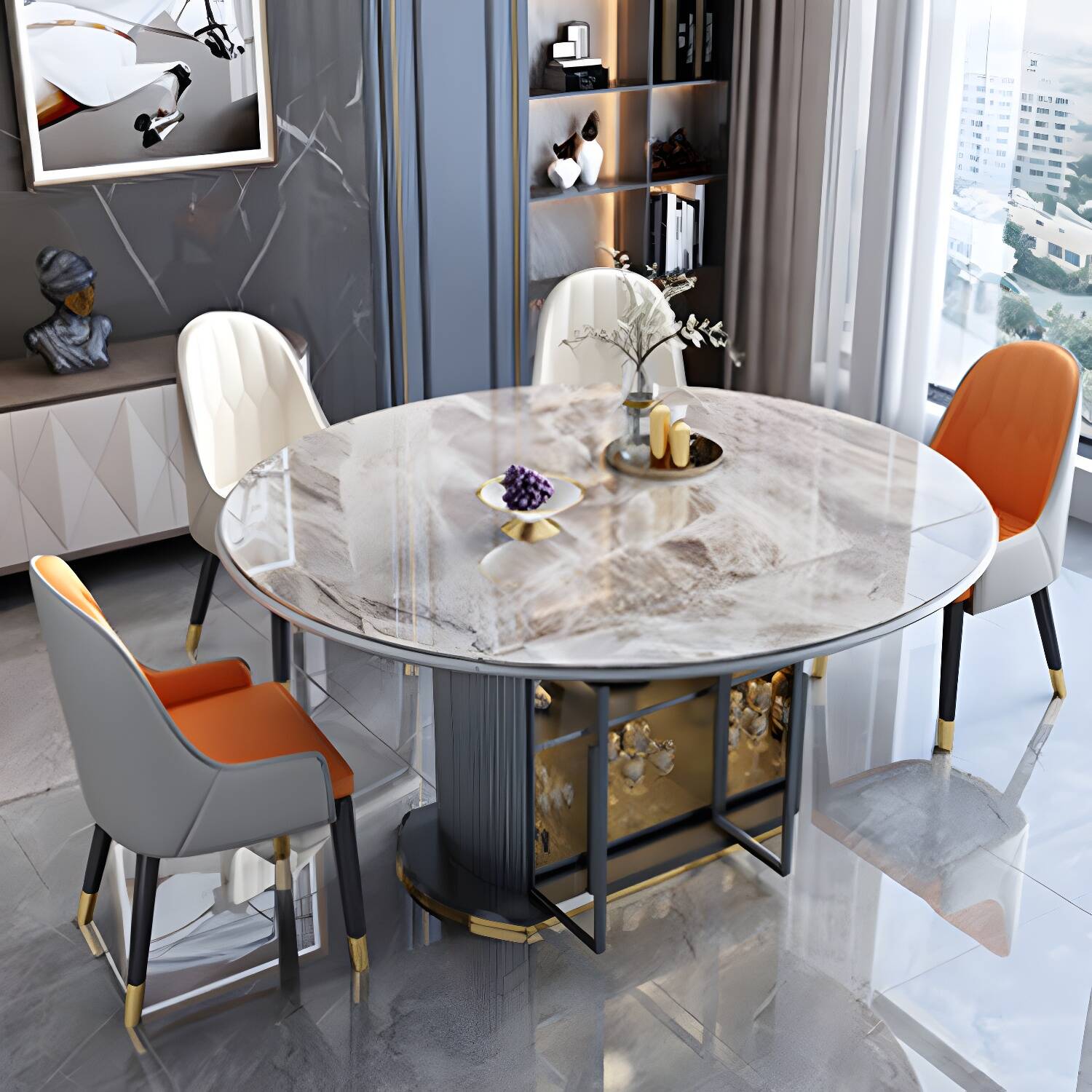 Modern 1/4/5/7 Pieces Dining Furniture Stone Round Dining Chairs Set in White