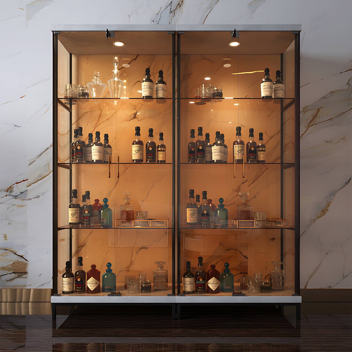 Contemporary Metal Curio Cabinet Glass Doors Hutch Cabinet with Doors for Dining Room