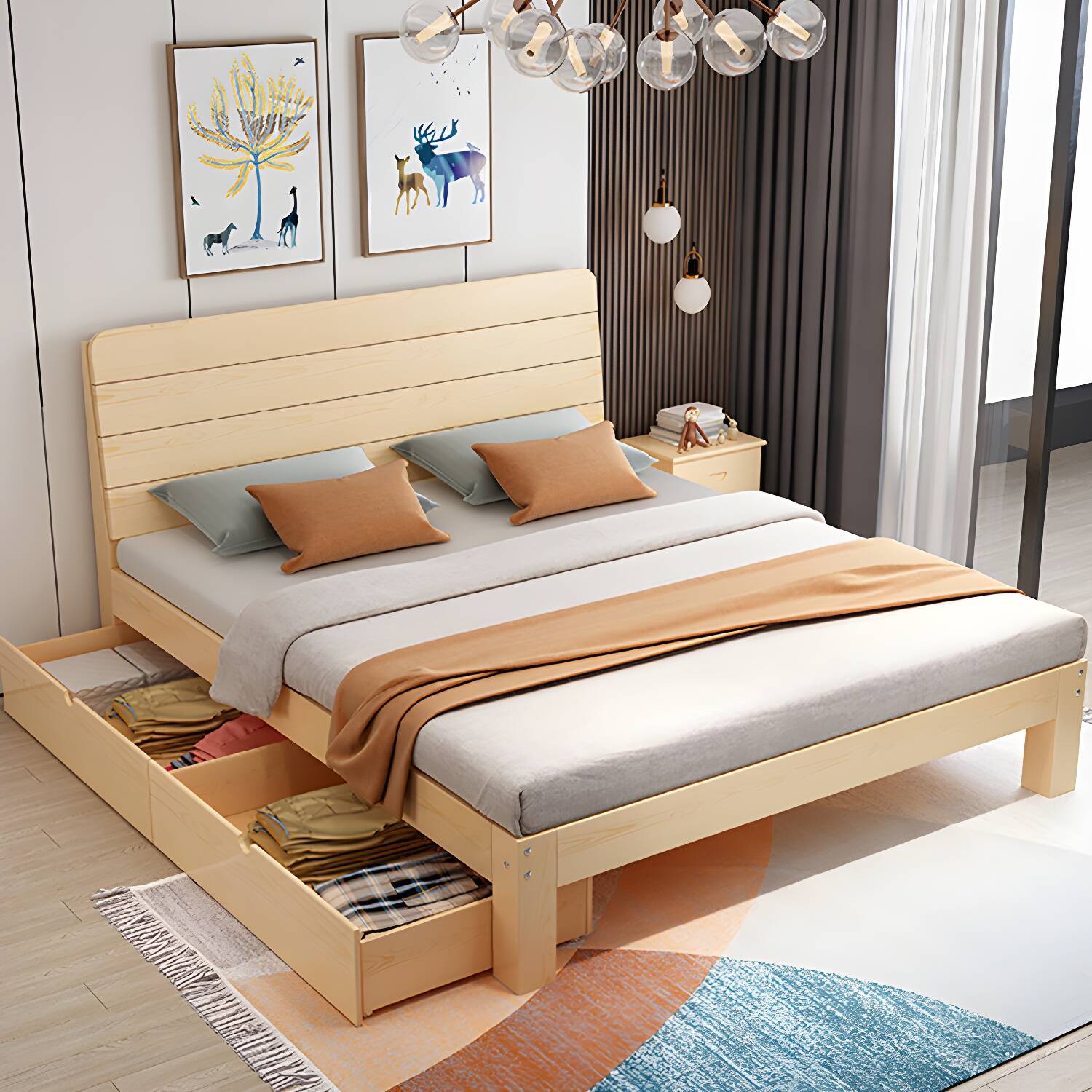 Contemporary Pine Wood Platform Bed Natural Bed Frame with Headboard