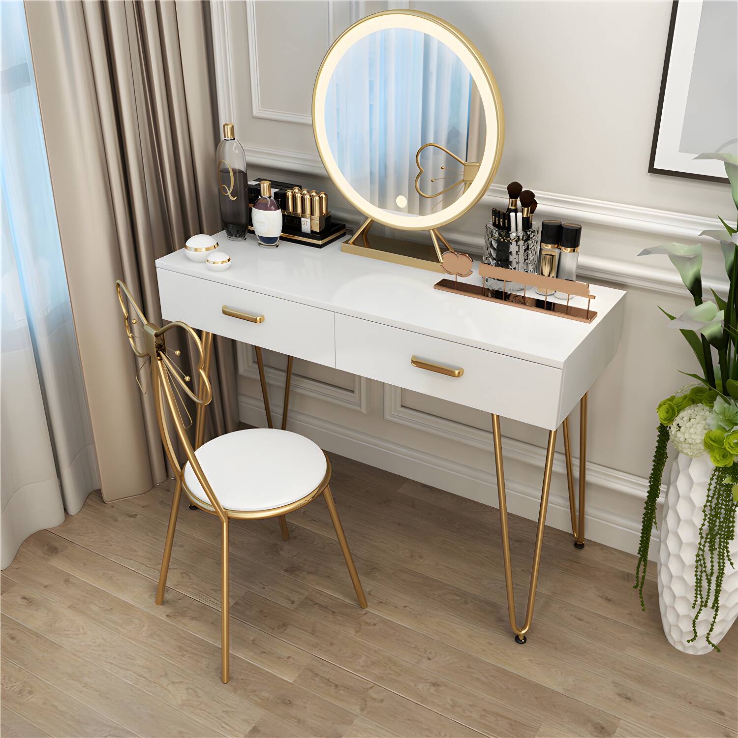 Contemporary Wooden White Vanity Dressing Table with Drawers