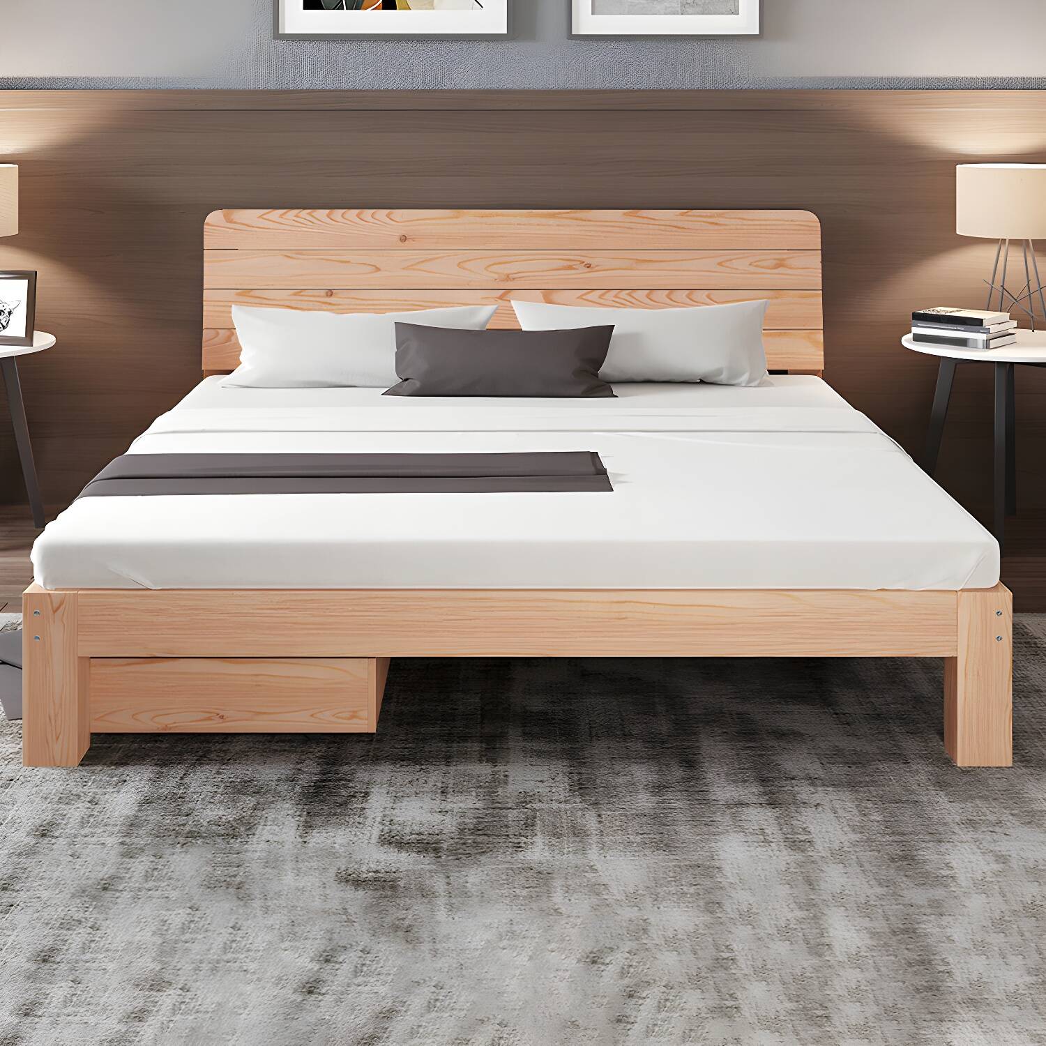 Scandinavian Full Panel Bed Natural Platform Bed with 2 Storage Drawers