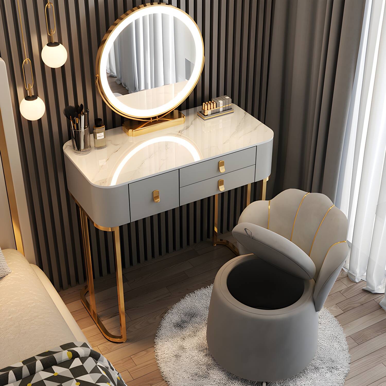 Luxurious Vanity Dressing Table Solid Wood Vanity Set with Stool and Mirror