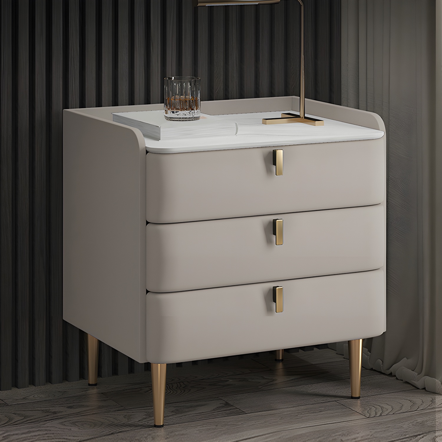 Stone Bed Nightstand Classic Glam Bedside Cabinet with 3 Drawers