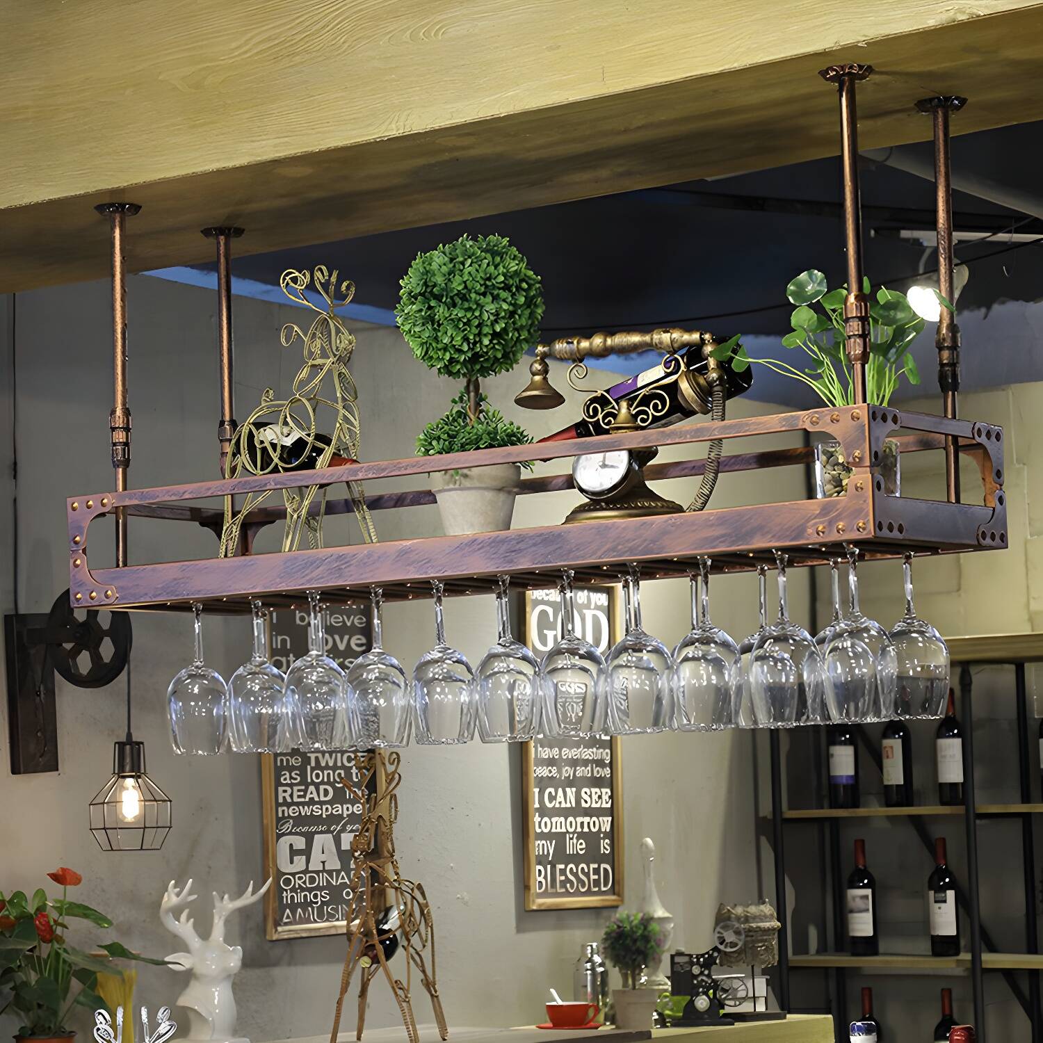 Metal Hanging Wine Holder Rack Modern Style Wine Shelf -47.2"L x 13.8"W x 5.9"H