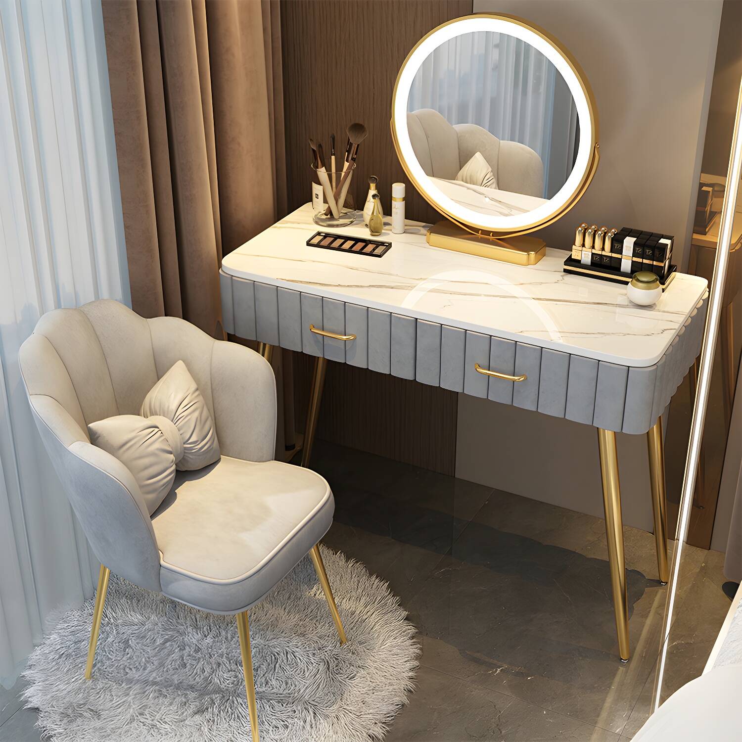 Mirrored Vanity Table and Stool Set Luxurious 29.92" Tall Vanity Desk