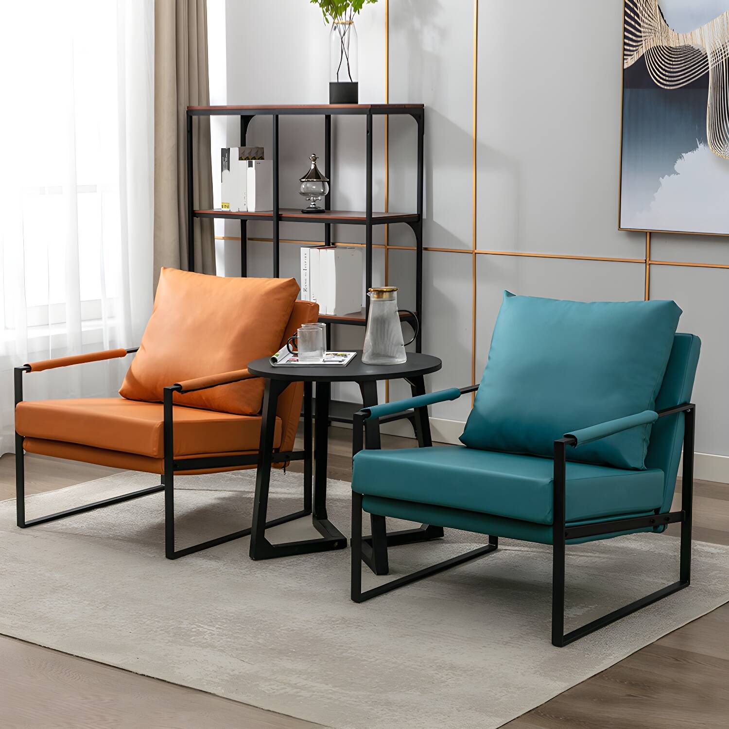 Industrial Metal Armchair Leather Upholstered Accent Armchair