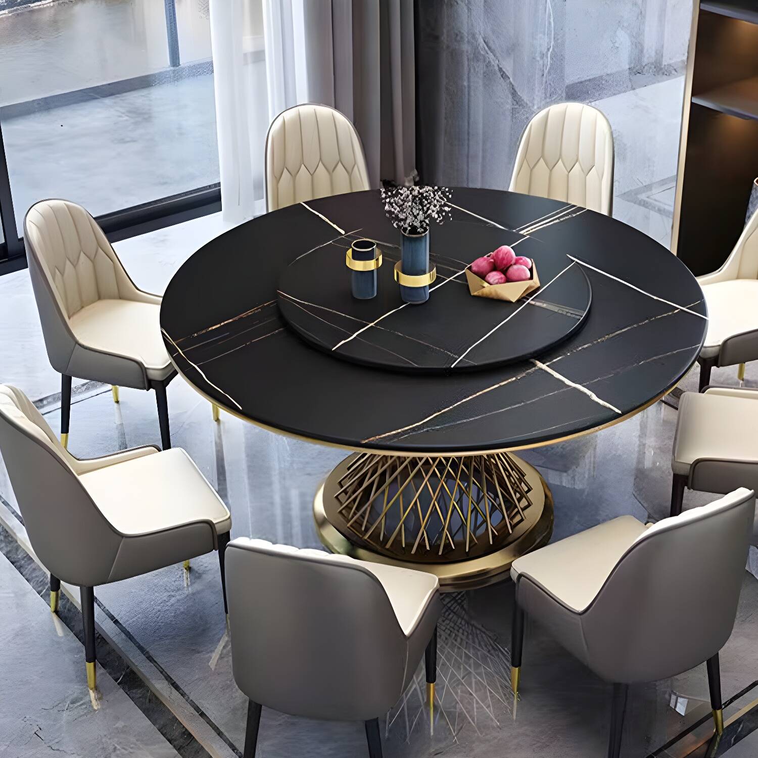 Round Turntable Dining Table Sintered Stone Dining Table for Home