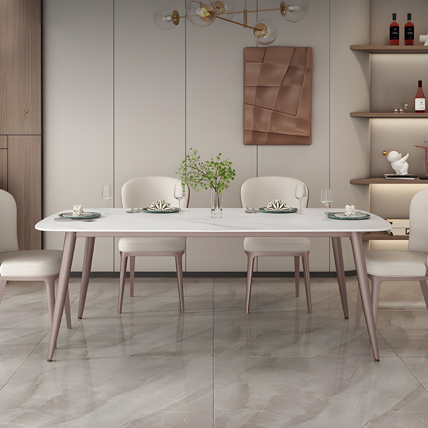 Glam Style Furniture Stone Rectangle Dining Room Table in White