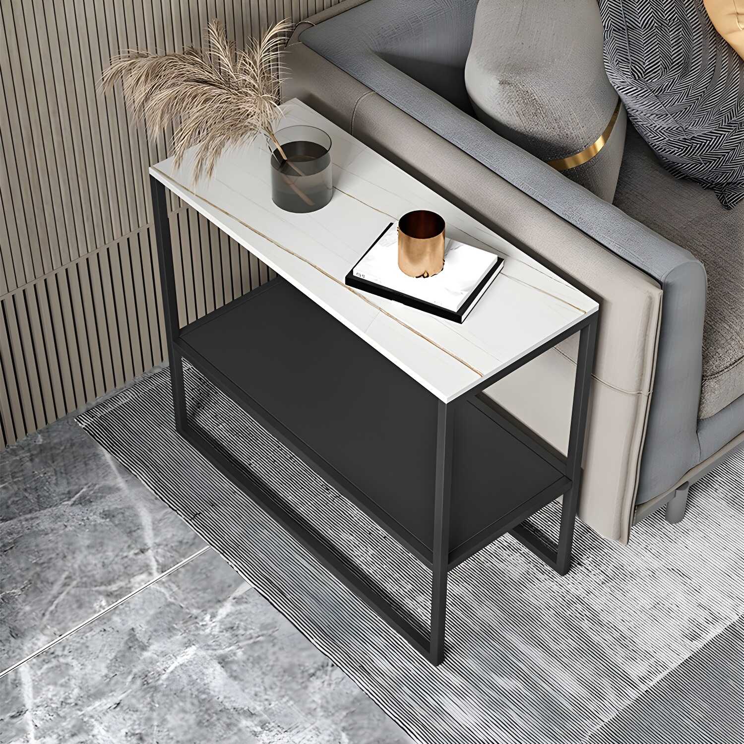 Modern Metal Frame End Table Rectangular Stone Top Side Table