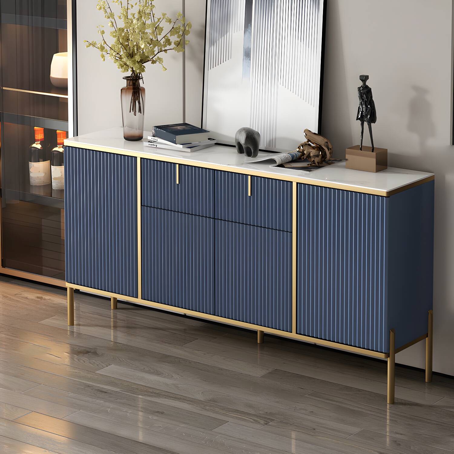 Glam Style Sideboard Stone Side Board with Drawers and Cabinets