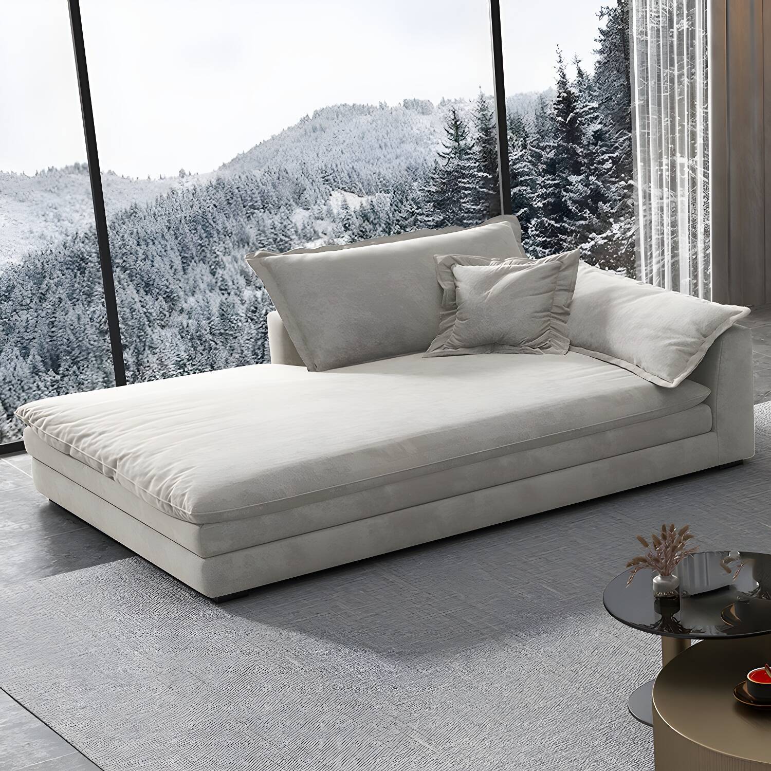 Glam Cushioned Chaise Lounge Recessed Arms Chaise with Three Pillows for Bedroom