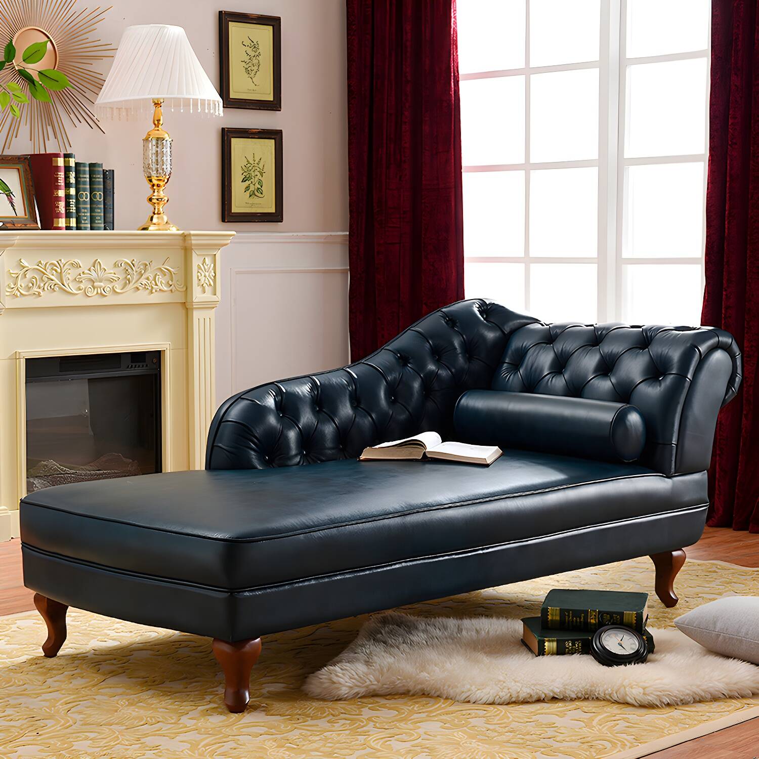 Traditional Chaise Lounge Genuine Leather Floor Chair with Recessed Arms
