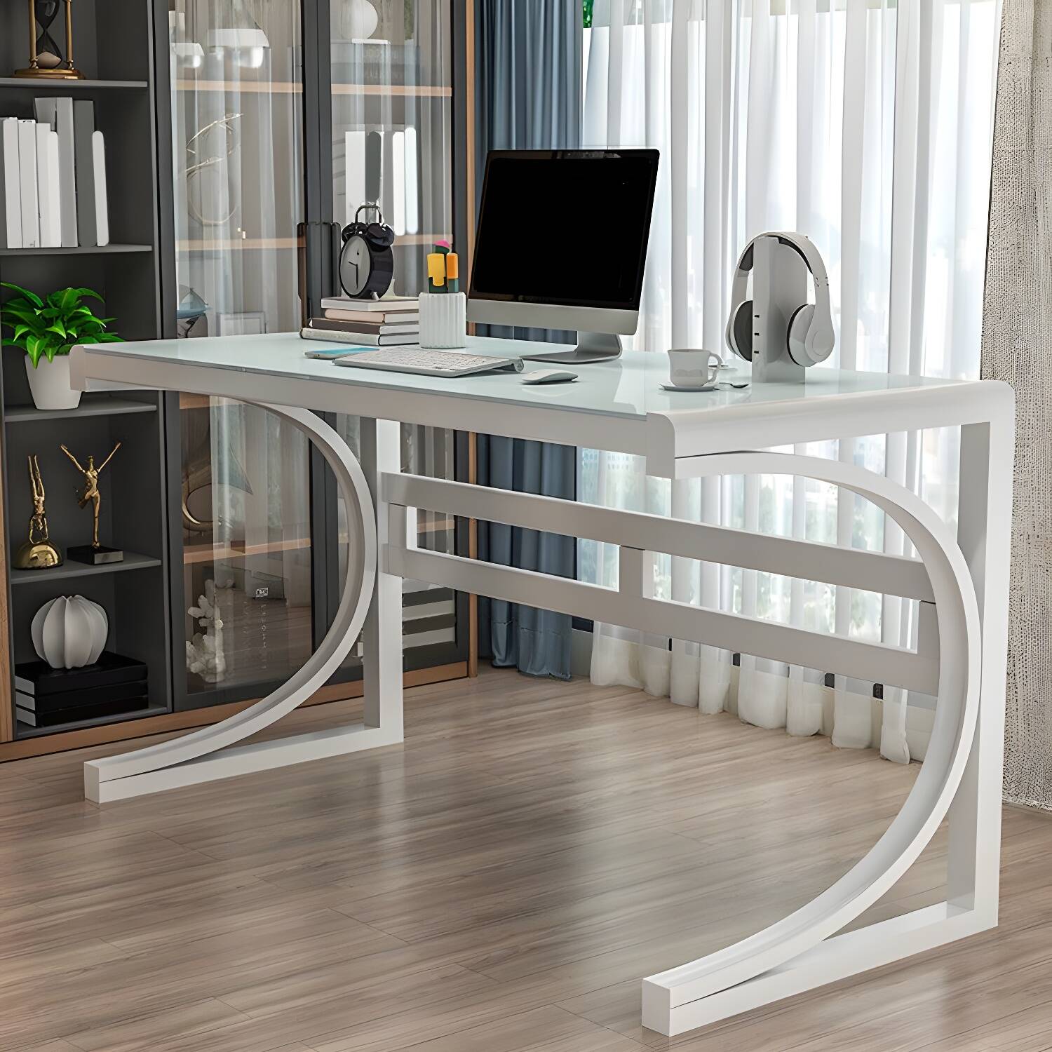 Modern Glass Office Desk Antique Finish Computer Desk with Metal Legs