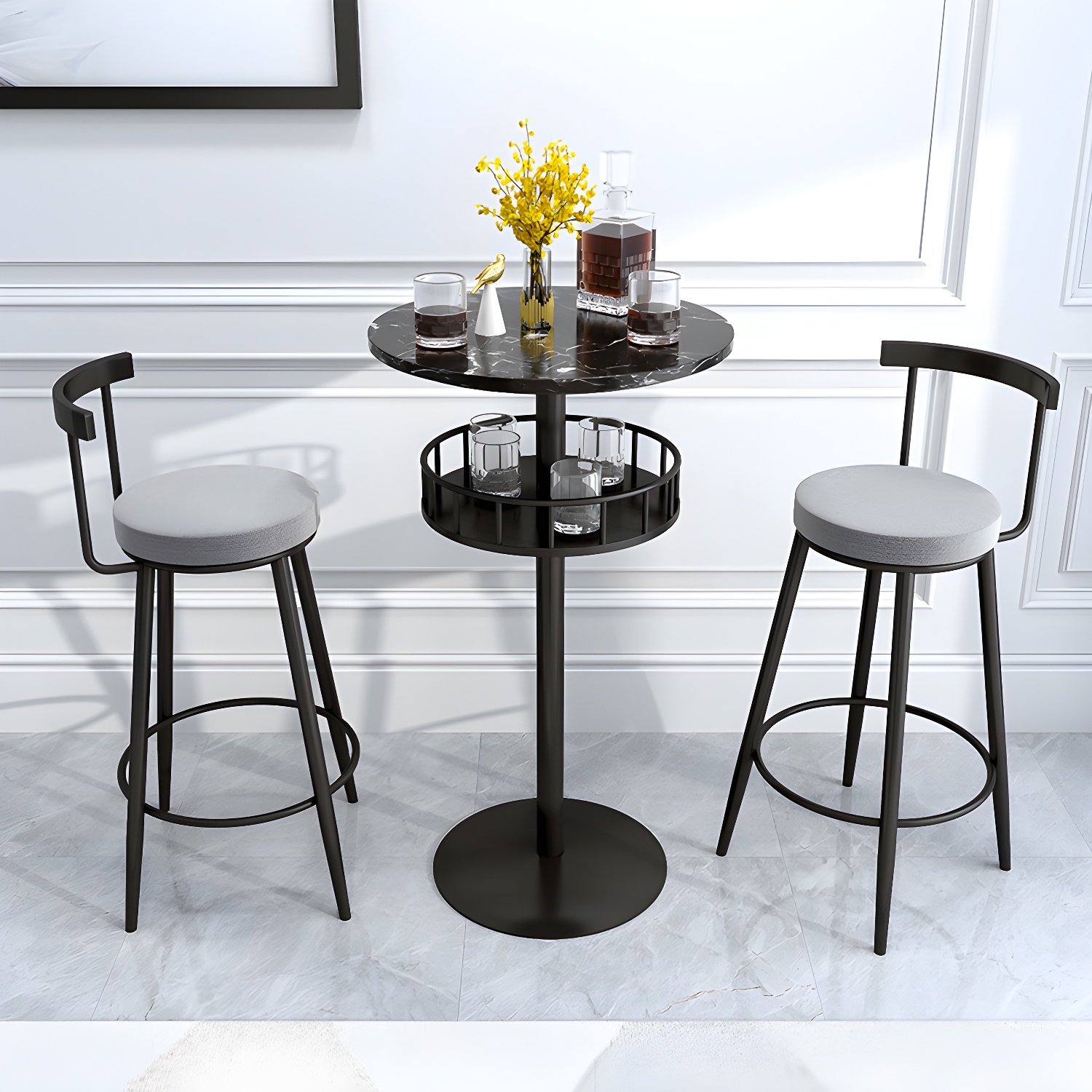 Round Upholstered Dining Stool Low Back Bar Stool with Metal Base