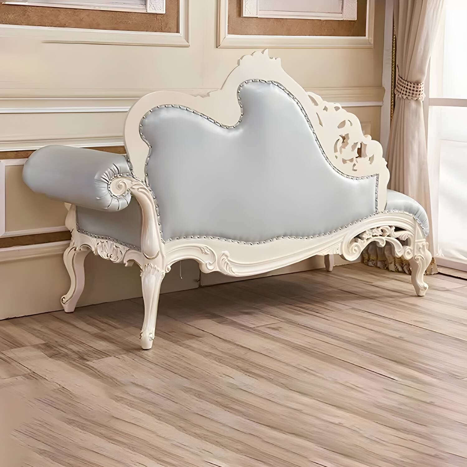 Genuine Leather Accent Chair Traditional Solid Wood Rolled Arms Chaise