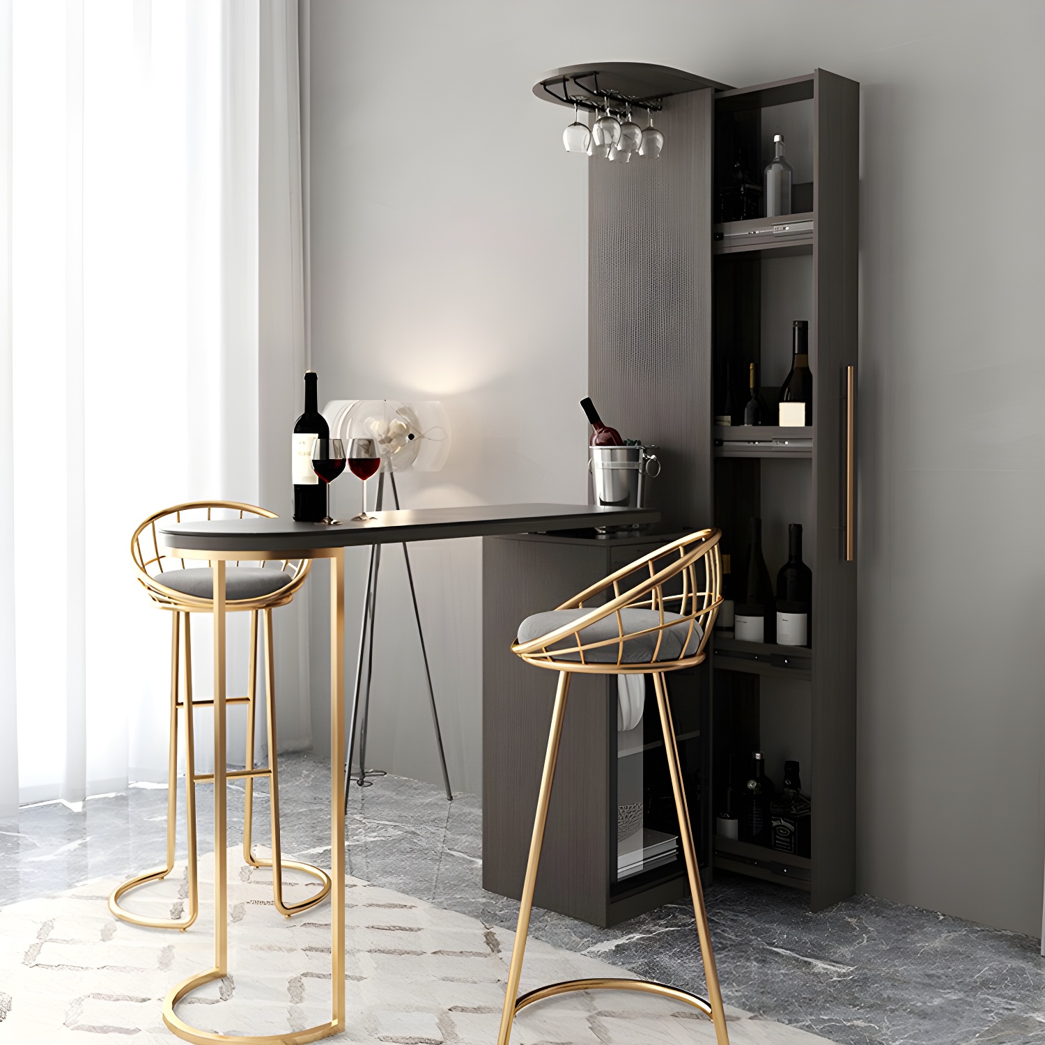 Glam Wood Telescopic Bar Table with Wine Cabinet for Living Room