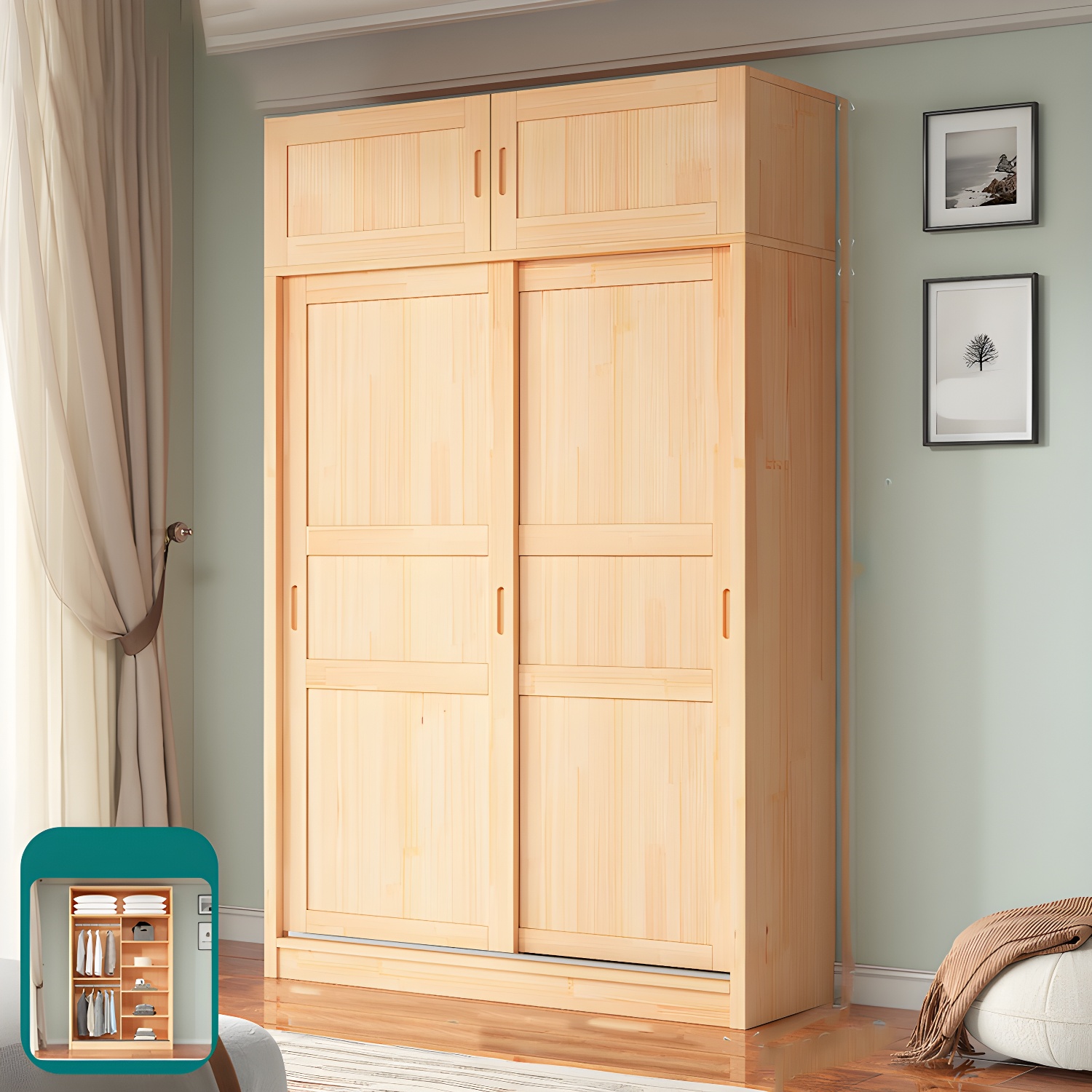 Natural Pine Solid Wood Wardrobe Freestanding Wardrobe with Sliding Doors