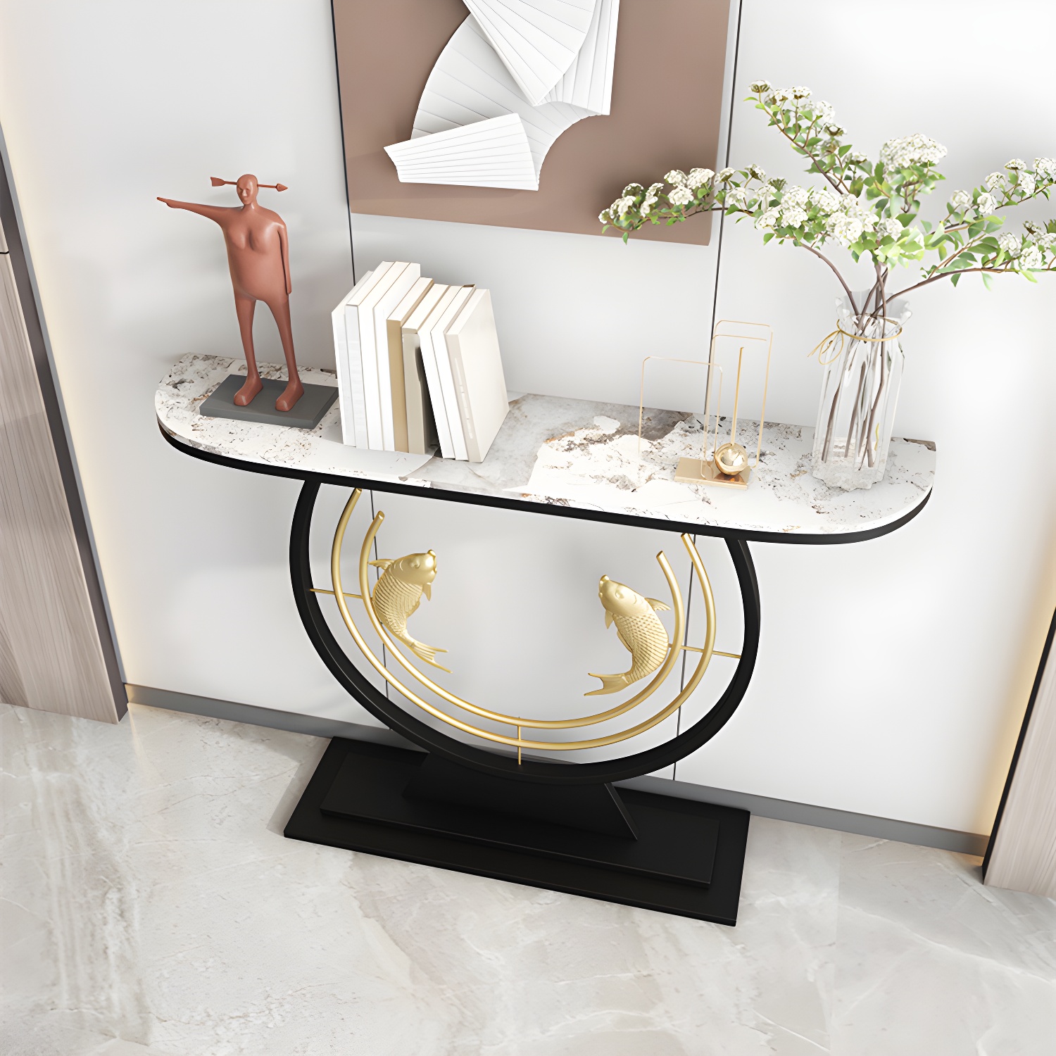 Half Moon Shape Contemporary Console Table Stone Console Sofa Table for Hall