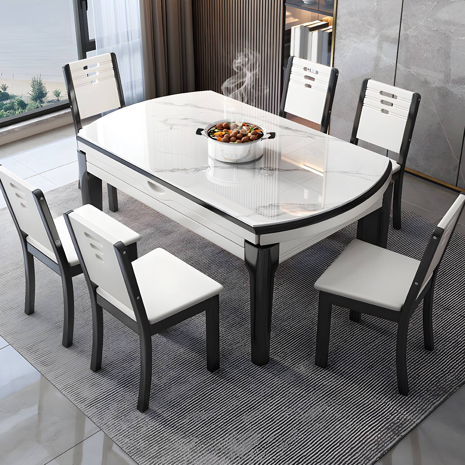 Modern Style Stone Furniture 7 Pcs Round Shape Dinette Table with Dining Chairs